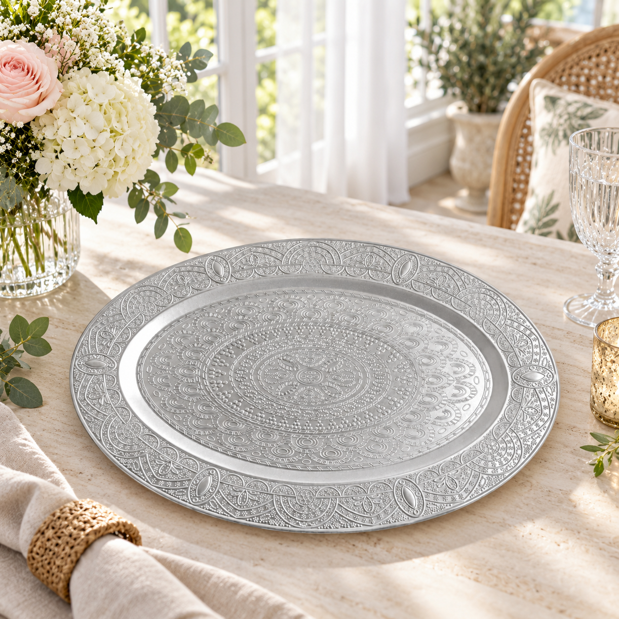 wojia luxury silver charger plate powder coated embossed mandala oval design for wedding banquet hotel tabletop decor-1