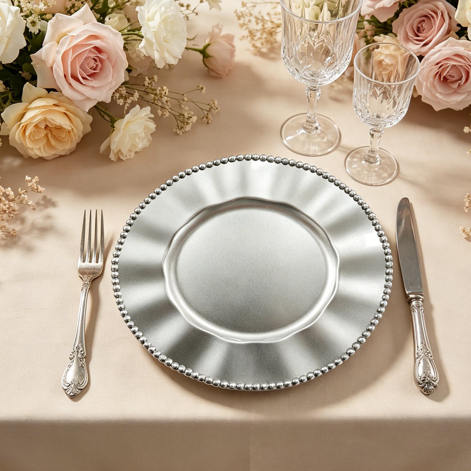 woju 33cm pink pp charger plates reusable glossy decorative plates with pearlbeaded rim  scalloped wavy edge for wedding bridal shower banquet table setting-2