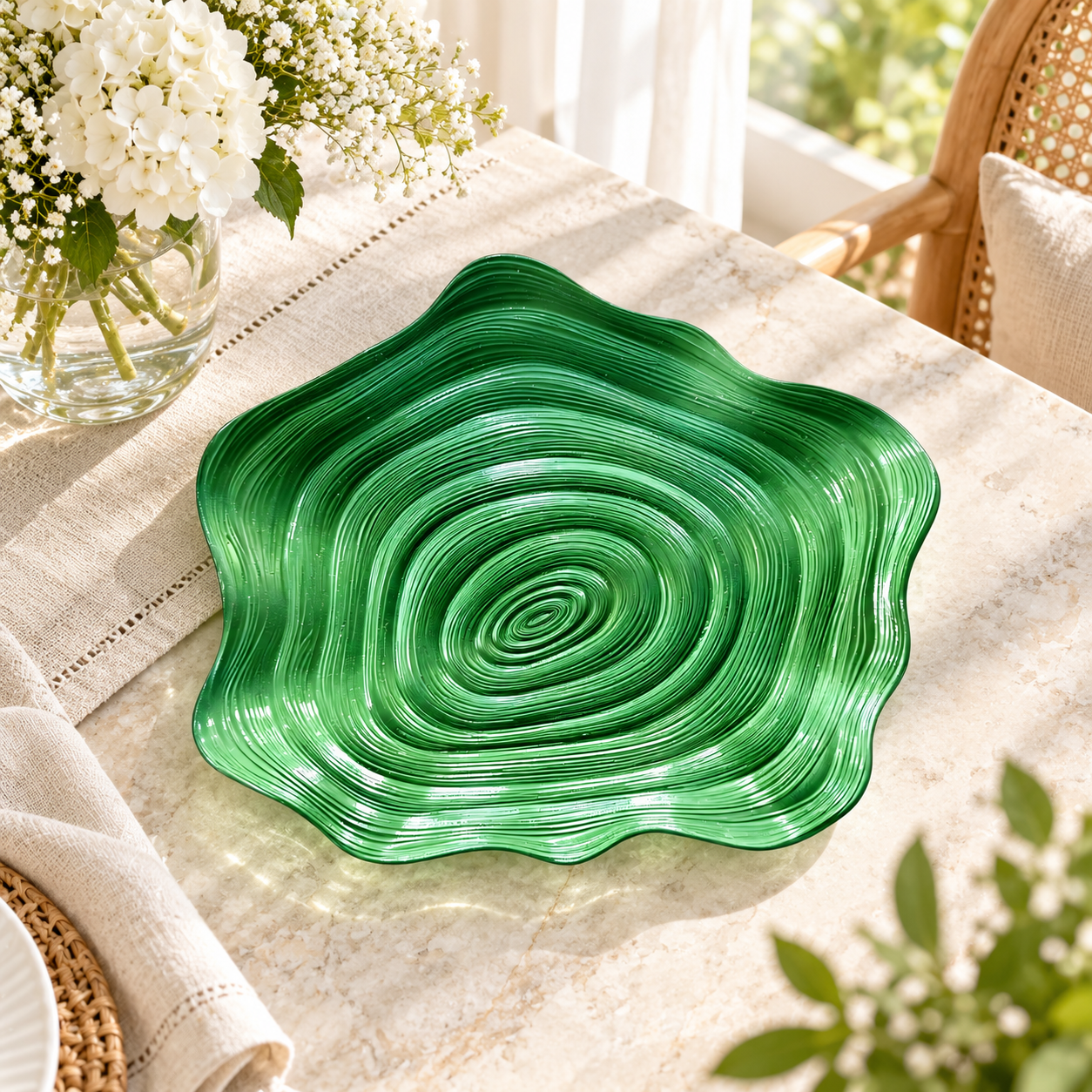 woju 13inch teal pp plastic charger plates glossy irregular wavy edge decorative underplates with swirl concentricripple texture for wedding banquet hotel table setting-3