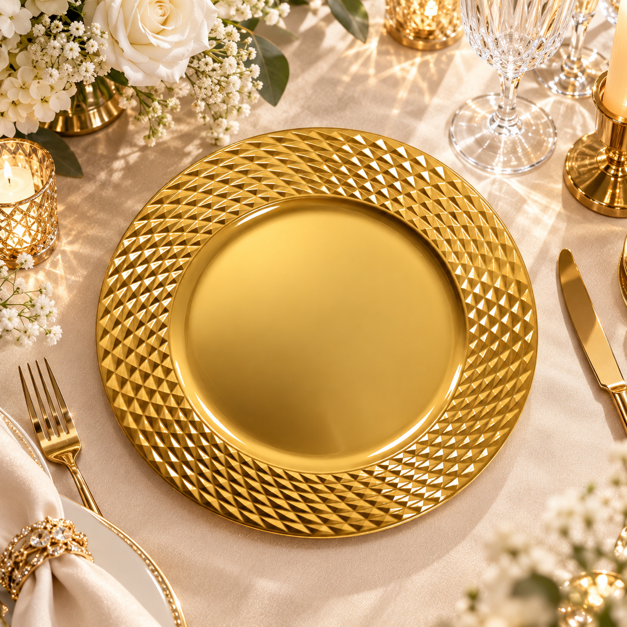 wojia 13in red electroplated diamond texture charger plate modern luxury plastic underplate christmas party event table decor-3