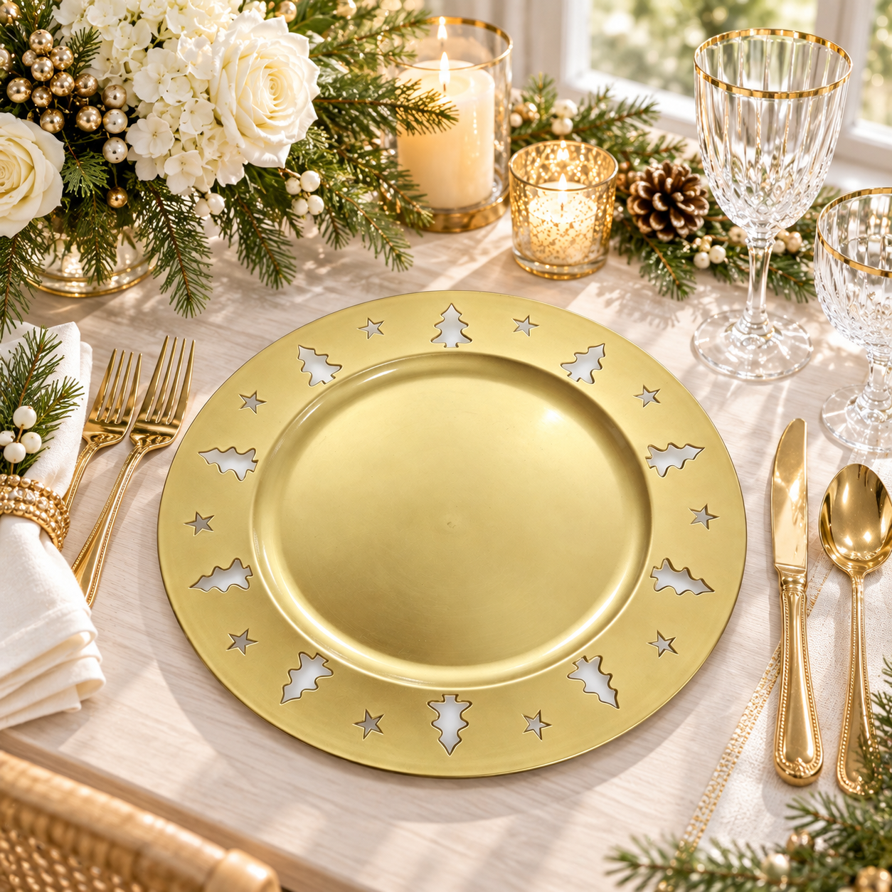 woju 13inch round glossy gold charger plates cutout christmastreestar rim pp plastic decor underplates for catering banquet christmas event rental-1