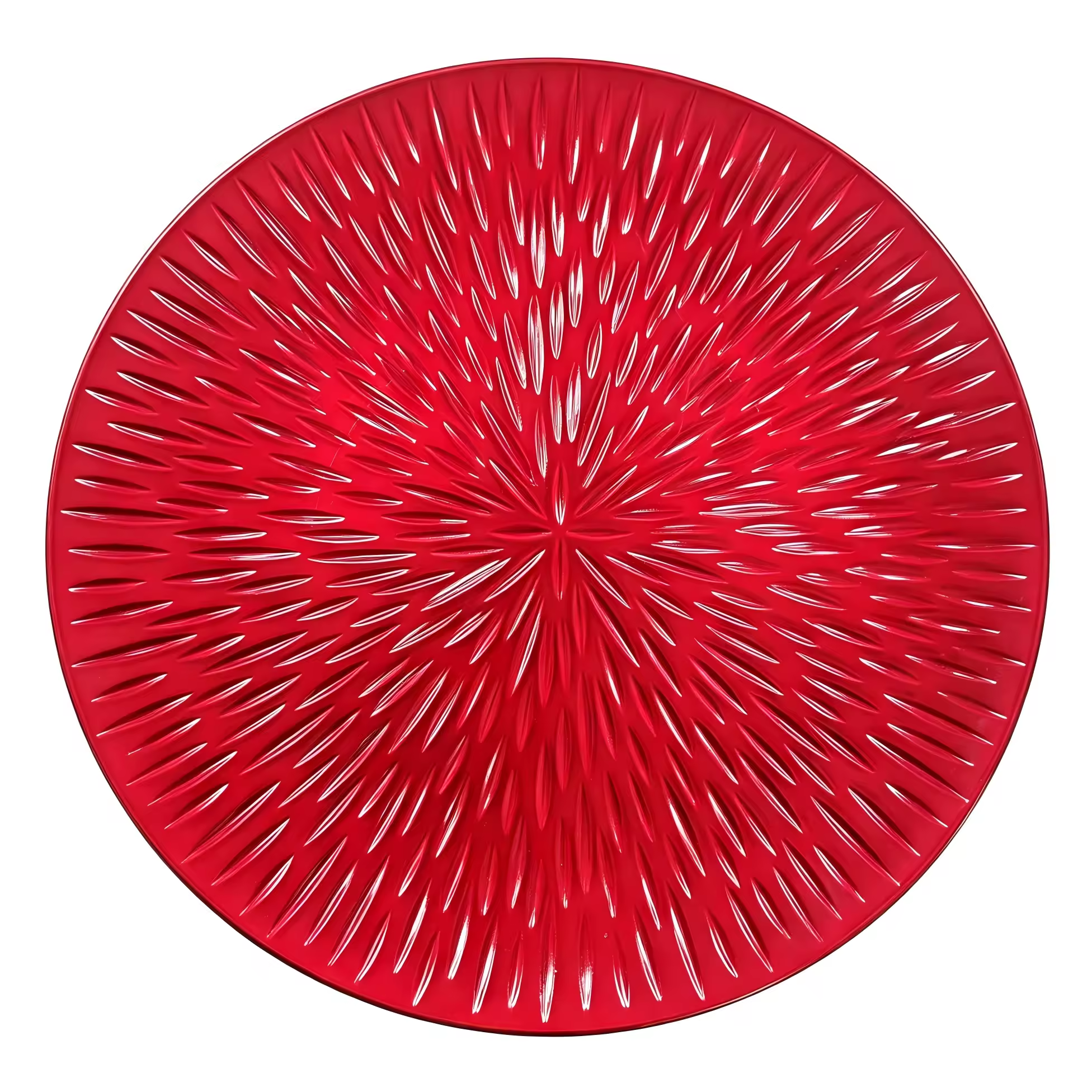Woju 13 Inch Red Plastic Charger Plates, Powder‑Coated Sunburst Radial Spike Textured Decorative Charger Plates for Wedding Banquet Holiday Event Table Setting