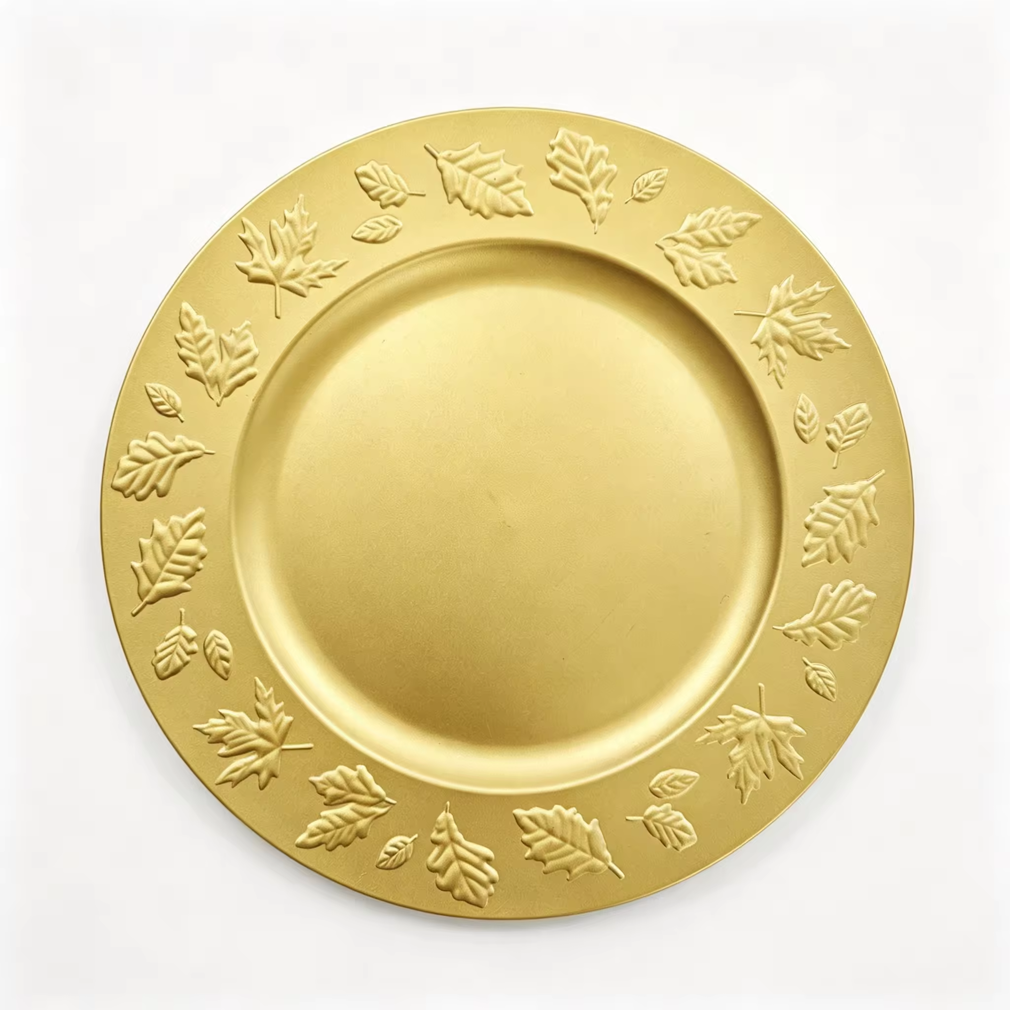 Woju 13‑Inch Matte Dark Green PP Plastic Charger Plates, Round Decorative Underplates with Rim‑Surrounding Embossed Maple & Oak Leaves for Wedding Banquet Hotel Table Setting