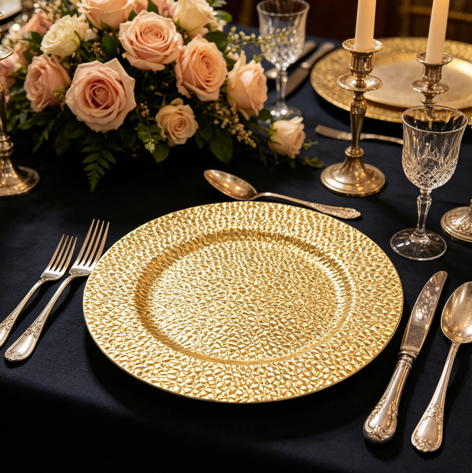 wojia 13 inch hammered pebble textured gold charger plates powdercoated plastic decorative service plates for wedding banquet event catering table decor-1