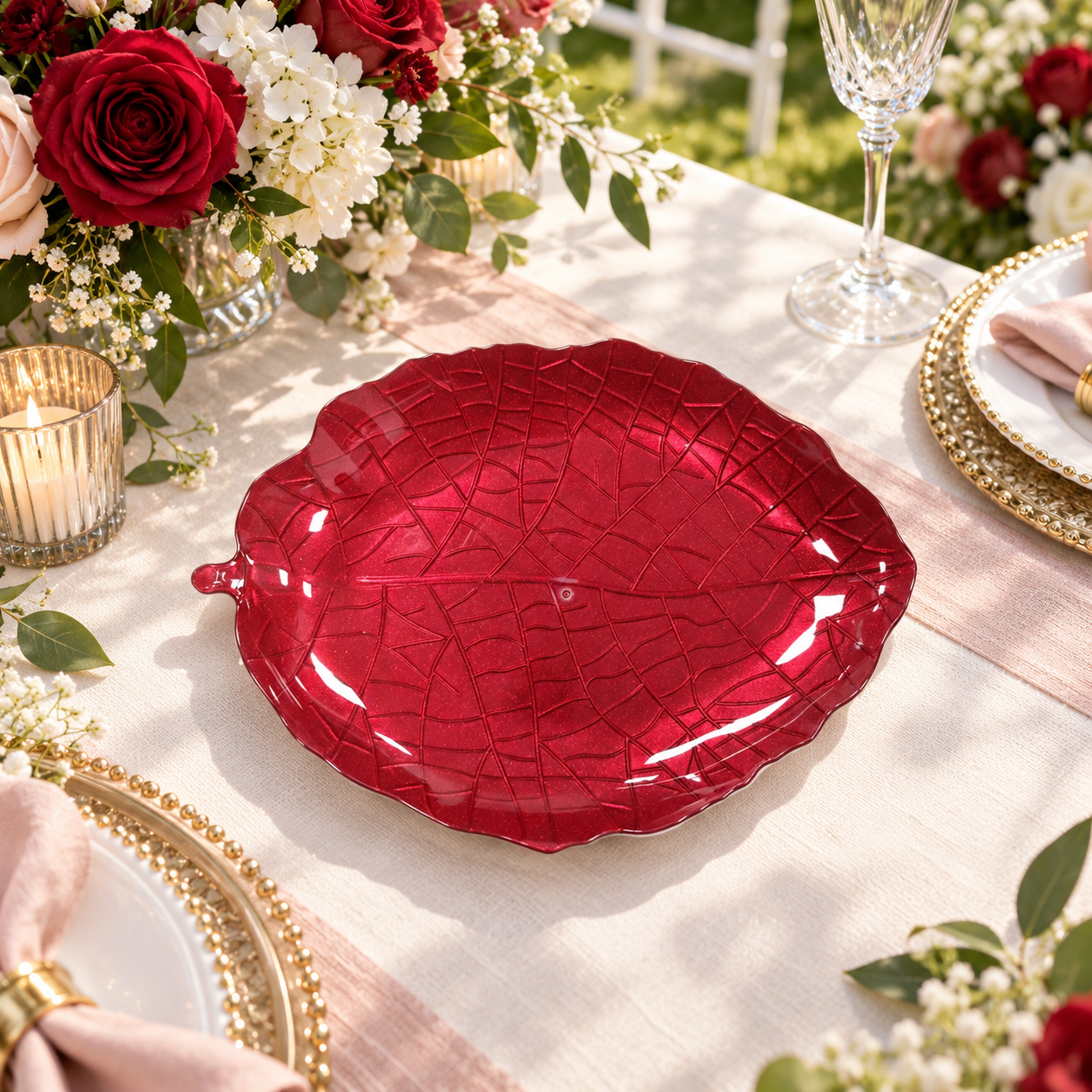 woju 13inch metallic gold leafshaped plastic charger plates decorative underplates with embossed botanical vein texture for wedding banquet hotel table setting-1