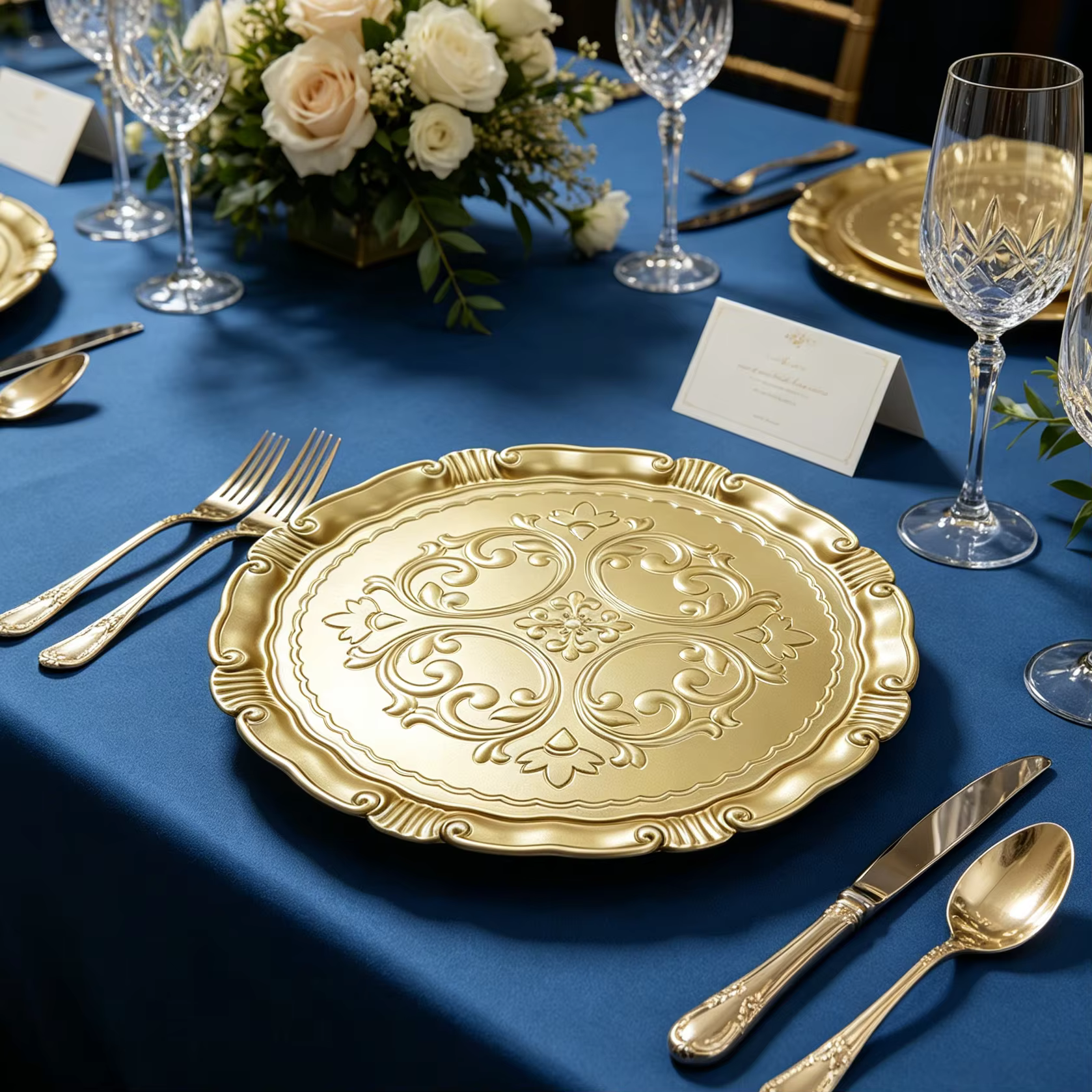 american style shatterproof durable pp non toxic 50 piece charger plates intricate floral relief for hotels weddings parties ins-2
