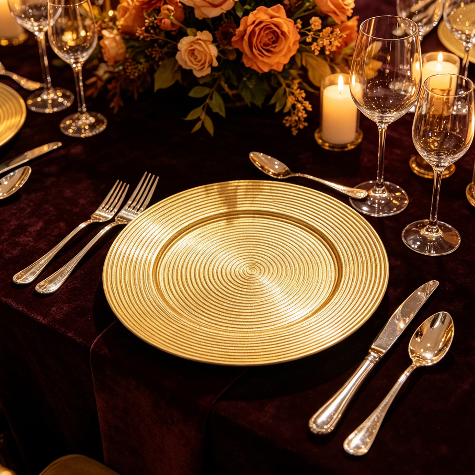 13inch multicolor charger plate powdercoated plastic decorative plate with concentric circle textured surface for hotel wedding table decor-3