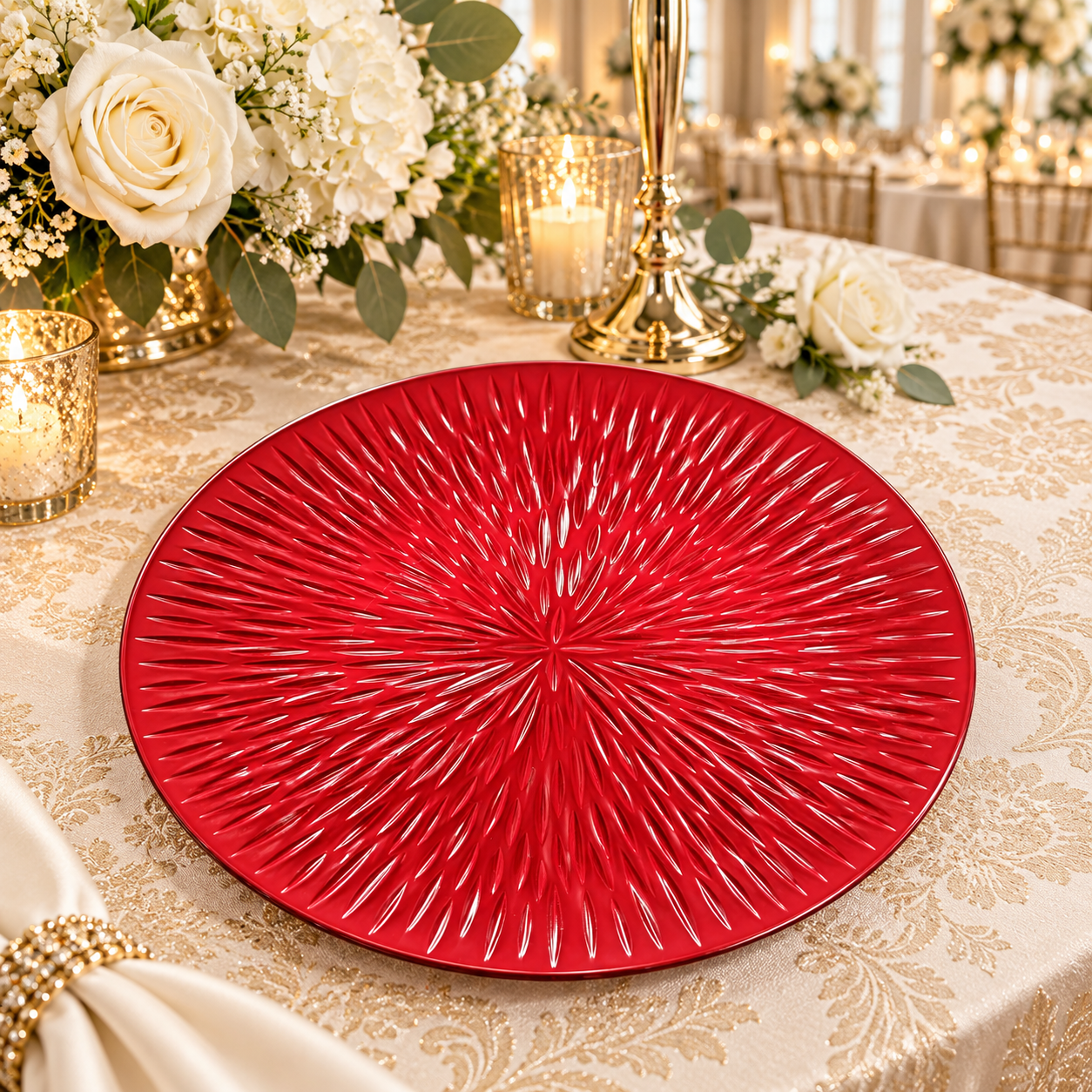 woju 13 inch red plastic charger plates powdercoated sunburst radial spike textured decorative charger plates for wedding banquet holiday event table setting-1