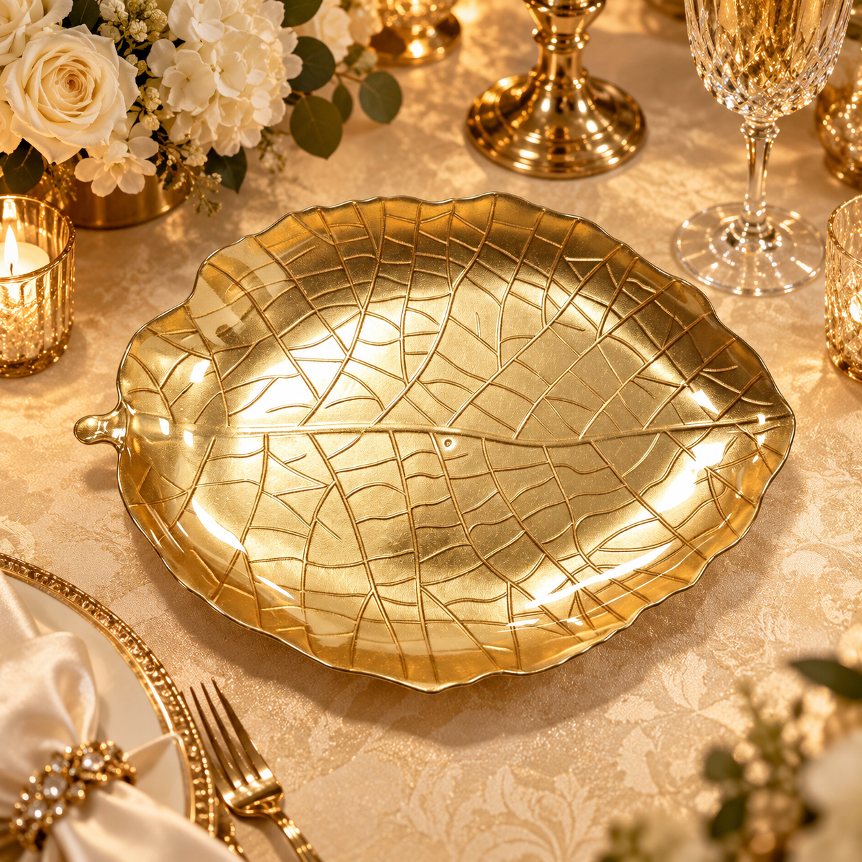 woju 13inch metallic gold leafshaped plastic charger plates decorative underplates with embossed botanical vein texture for wedding banquet hotel table setting-3