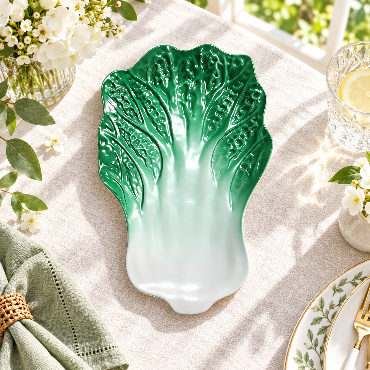 13in plastic charger plate powder coated cabbage shape embossed leaf texture modern green white for restaurant event-1