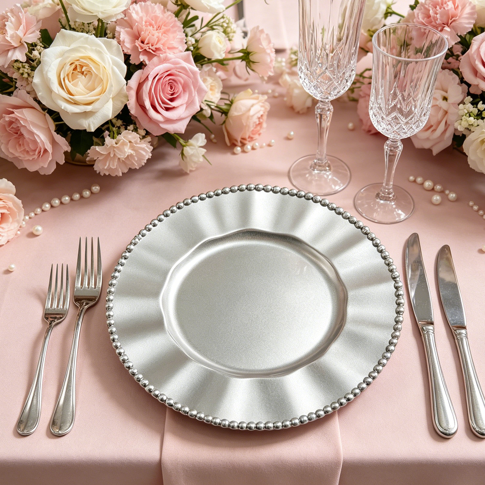woju 33cm pink pp charger plates reusable glossy decorative plates with pearlbeaded rim  scalloped wavy edge for wedding bridal shower banquet table setting-1