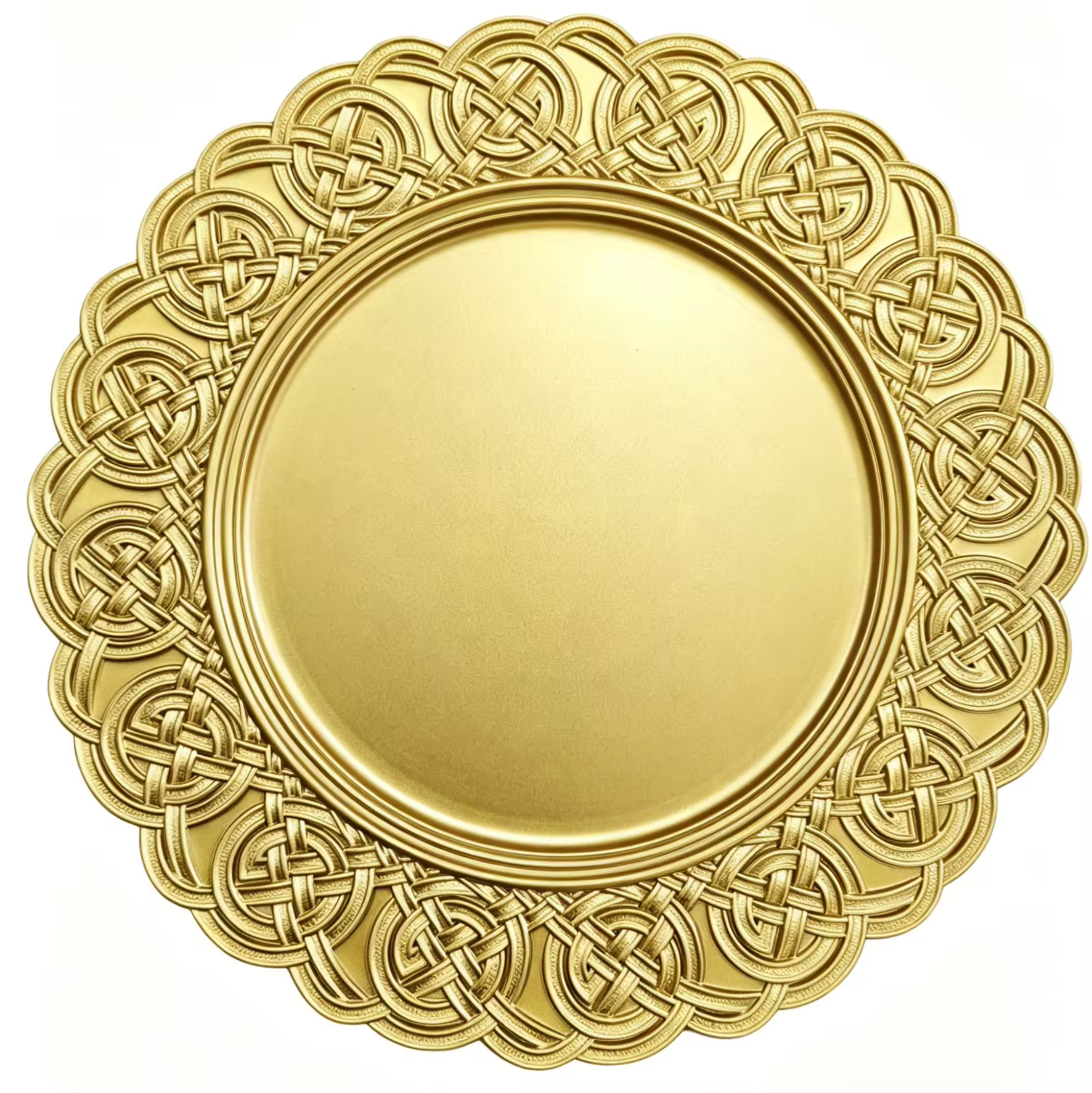 Woju 13‑Inch Matte Metallic Gold PP Plastic Charger Plates, Round Decorative Underplates with Celtic Knot Woven Embossed Rim for Wedding Banquet Hotel Table Setting