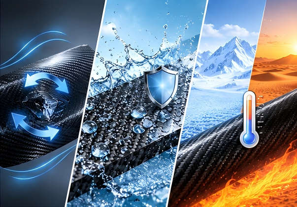 How do carbon fibre fabrics achieve a dual improvement in product strength and durability?