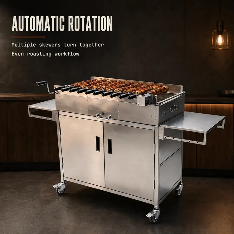 Commercial Cyprus Style Stainless Steel Rotisserie BBQ Grill with Automatic Chain-Drive Skewer System, Fold-Down Side Shelves, Enclosed Storage Cabinet and Locking Casters