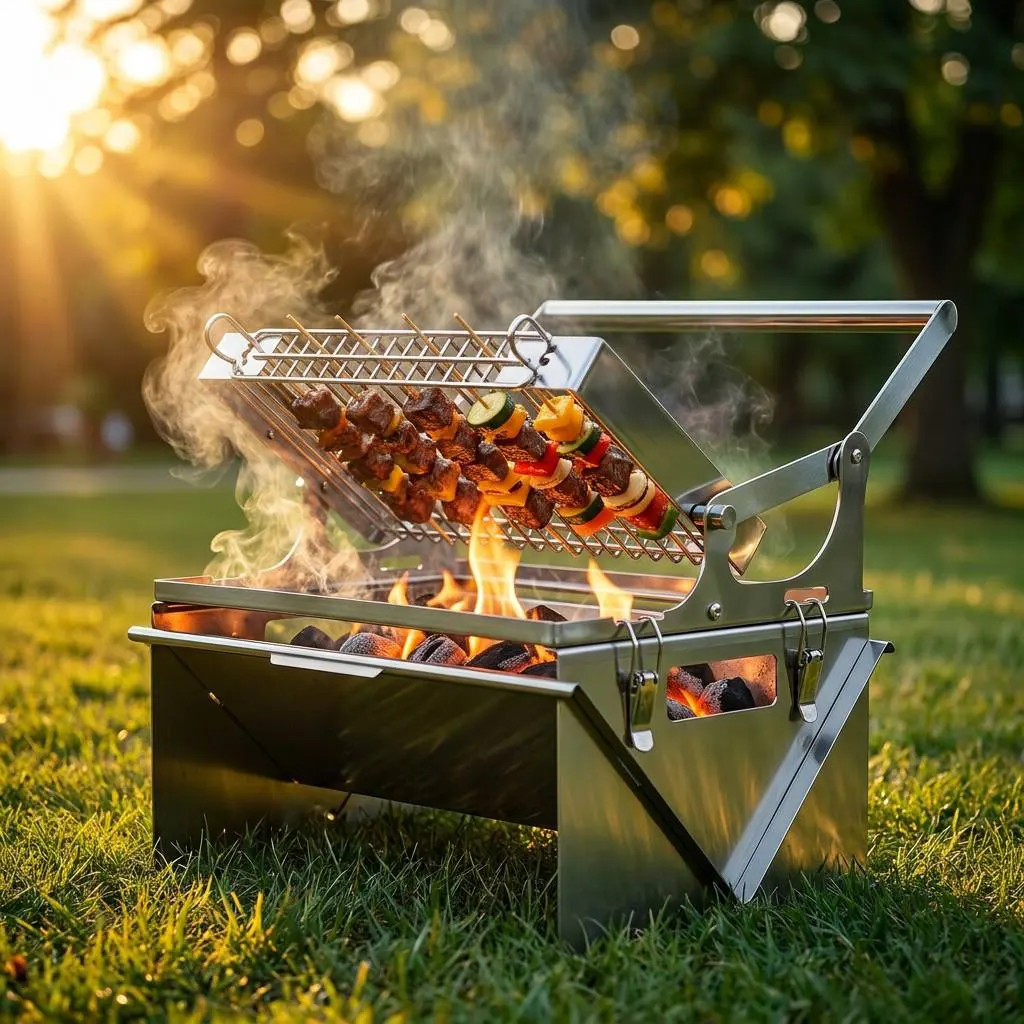 Rivoluziona il tuo barbecue all'aperto: la griglia portatile a carbone con rotazione a 360° definitiva
