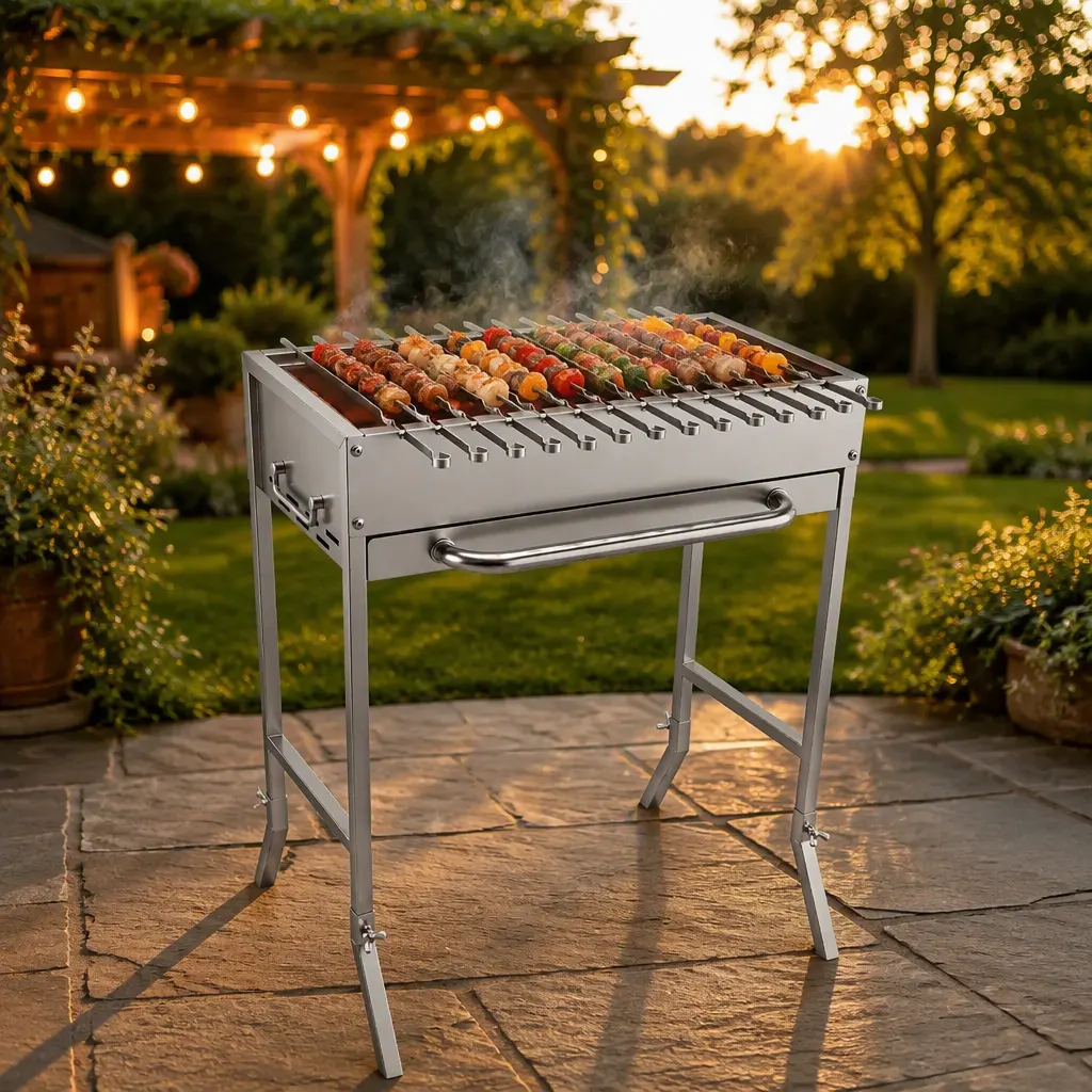 Stainless Steel Mangal Shashlik Skewer Grill: 14 Flat-Blade Skewers, Detachable Charcoal Box & Ash Tray for Camping, Picnic & Backyard Kebab Cooking