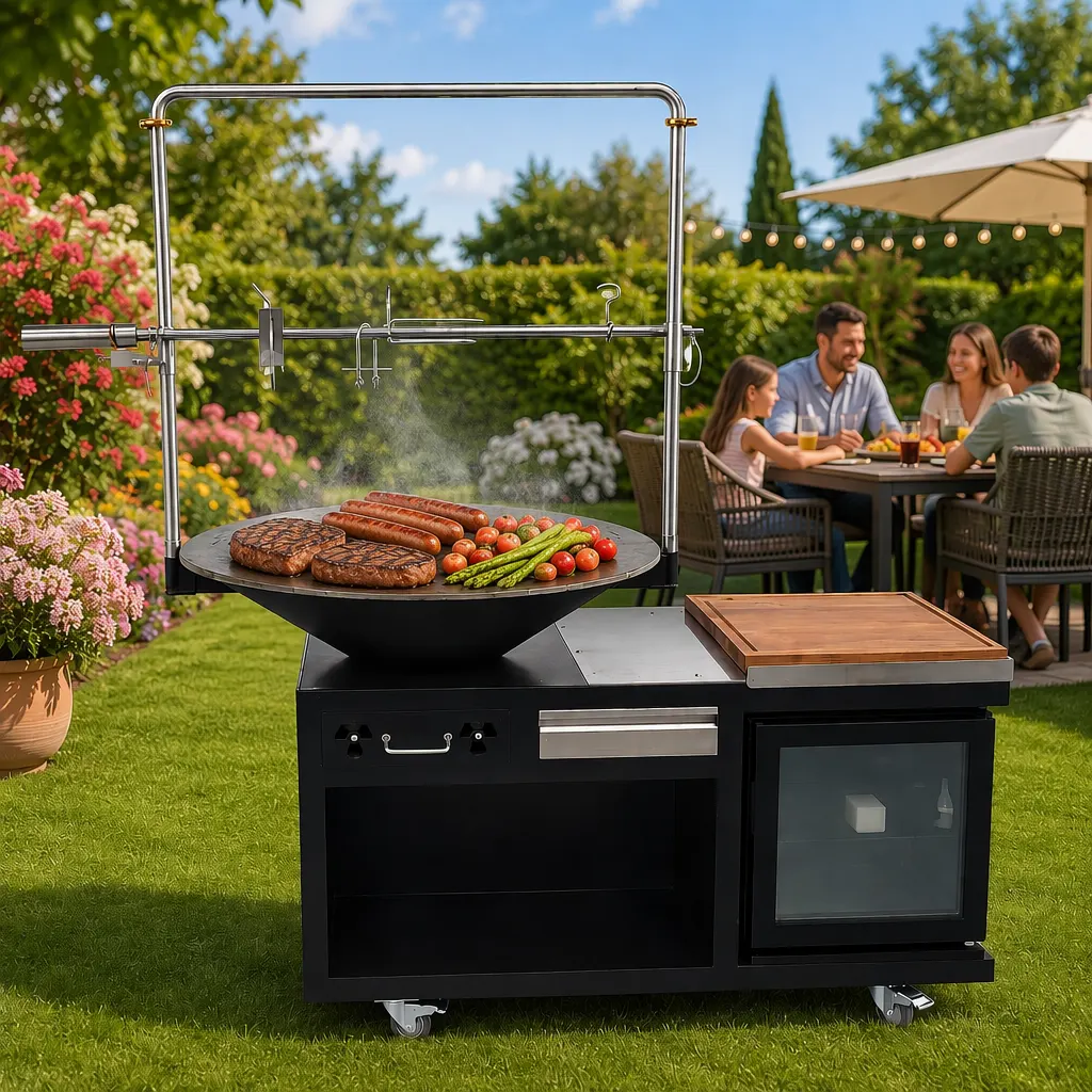 Multifunctional Wood-Fired Outdoor Kitchen Station: 100cm Cooking Plate, Integrated Refrigerator, Wood Storage & Built-In Prep Board with BBQ Skewer Set for Luxury Courtyard & Terrace Use


