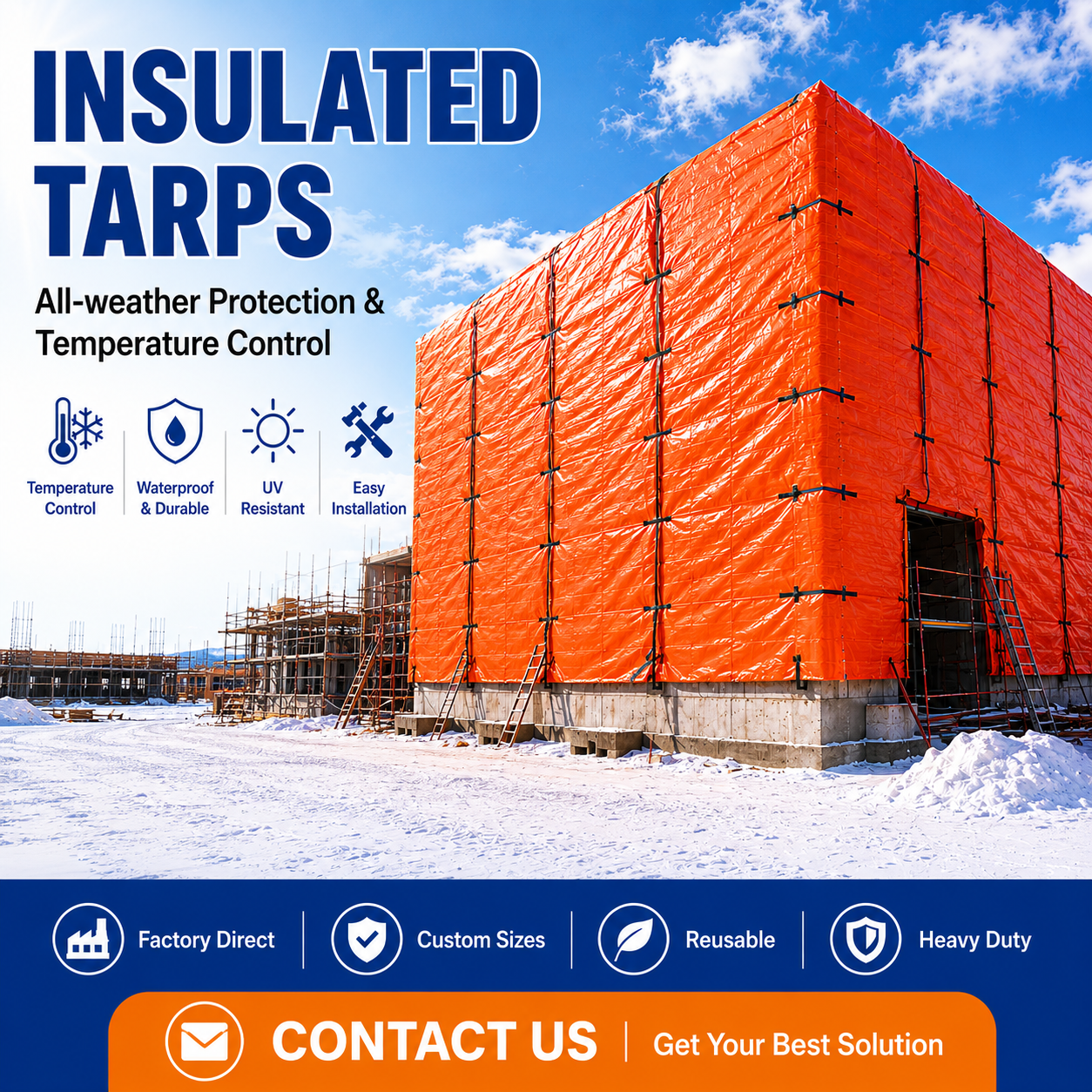 Heavy-Duty 12ftx20ft Insulated Tarps PE Fabric Waterproof Windproof Uv Resistant Construction Heavy Duty Construction Tarpaulin