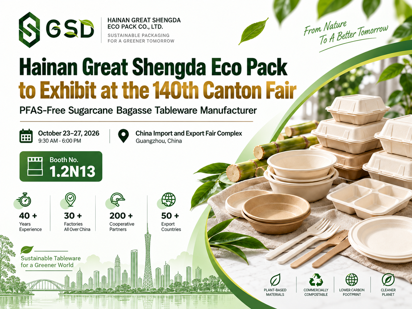 Hainan Great Shengda Eco Pack to Showcase Sustainable PFAS-Free Bagasse Tableware at the 140th Canton Fair