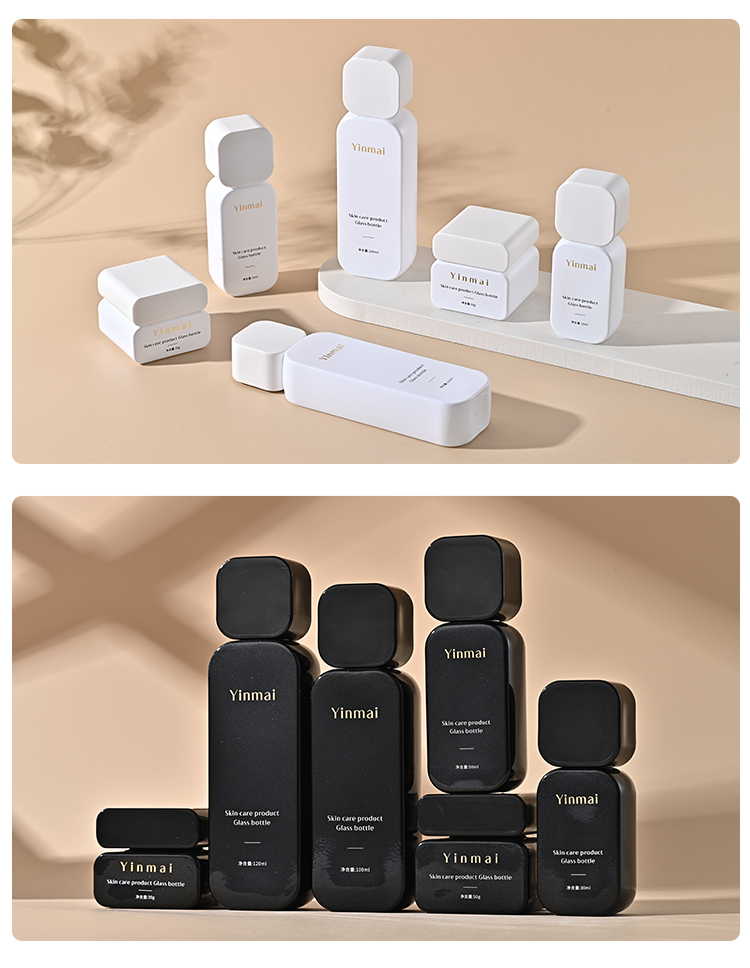 Yinmai 30 50 100 120ml 30G 50G custom empty luxury thick bottom skincare packaging set glass cosmetic pump bottle and cream jar details