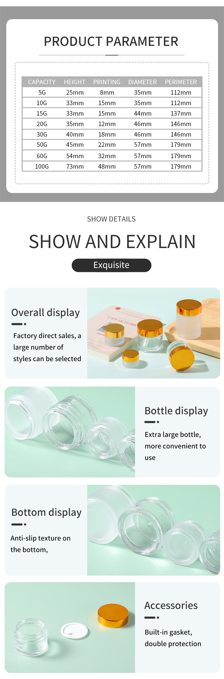 Custom made 5g 10g 15g 20g 30g 50g 100g luxury frosted transparent glass cream jar for cosmetic packaging details