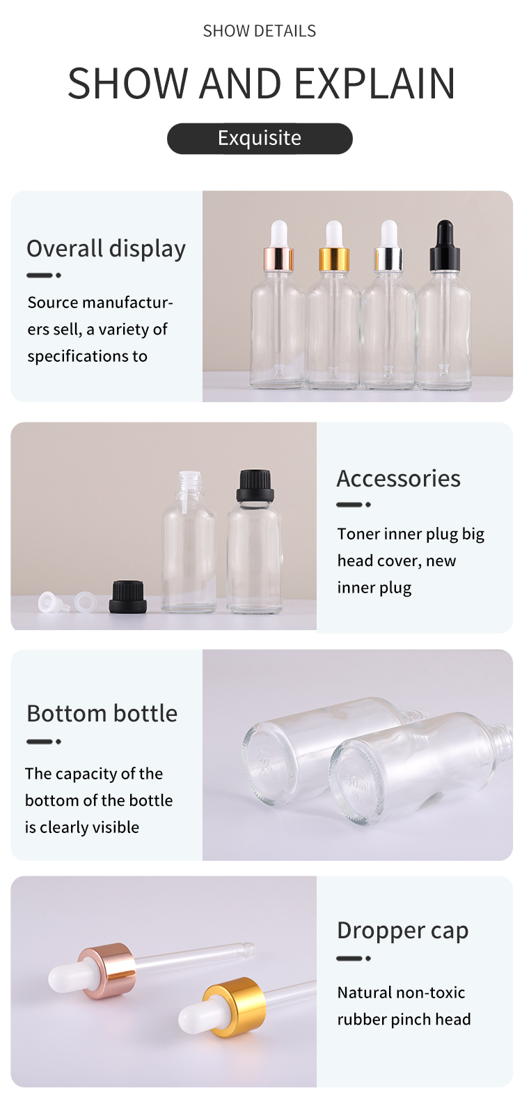 Wholesale Essential Oil Skin Care Massage Oil Glass Dropper Bottle 5ml 10ml 15ml 20ml 30ml 50ml 100ml details