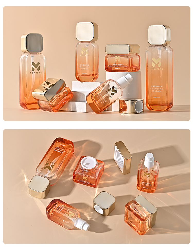 Yinmai 30 50 100 120ml 30G 50G custom empty luxury thick bottom skincare packaging set glass cosmetic pump bottle and cream jar supplier