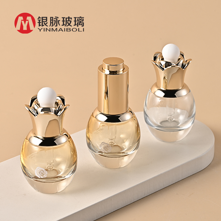 ขวดเซรั่มสีทองไล่ระดับ 20ml ทรงกลมหรูหราพร้อมหัวหยดสำหรับสกินแคร์และน้ำมันบำรุงผมและใบหน้าที่สามารถพิมพ์โลโก้ได้