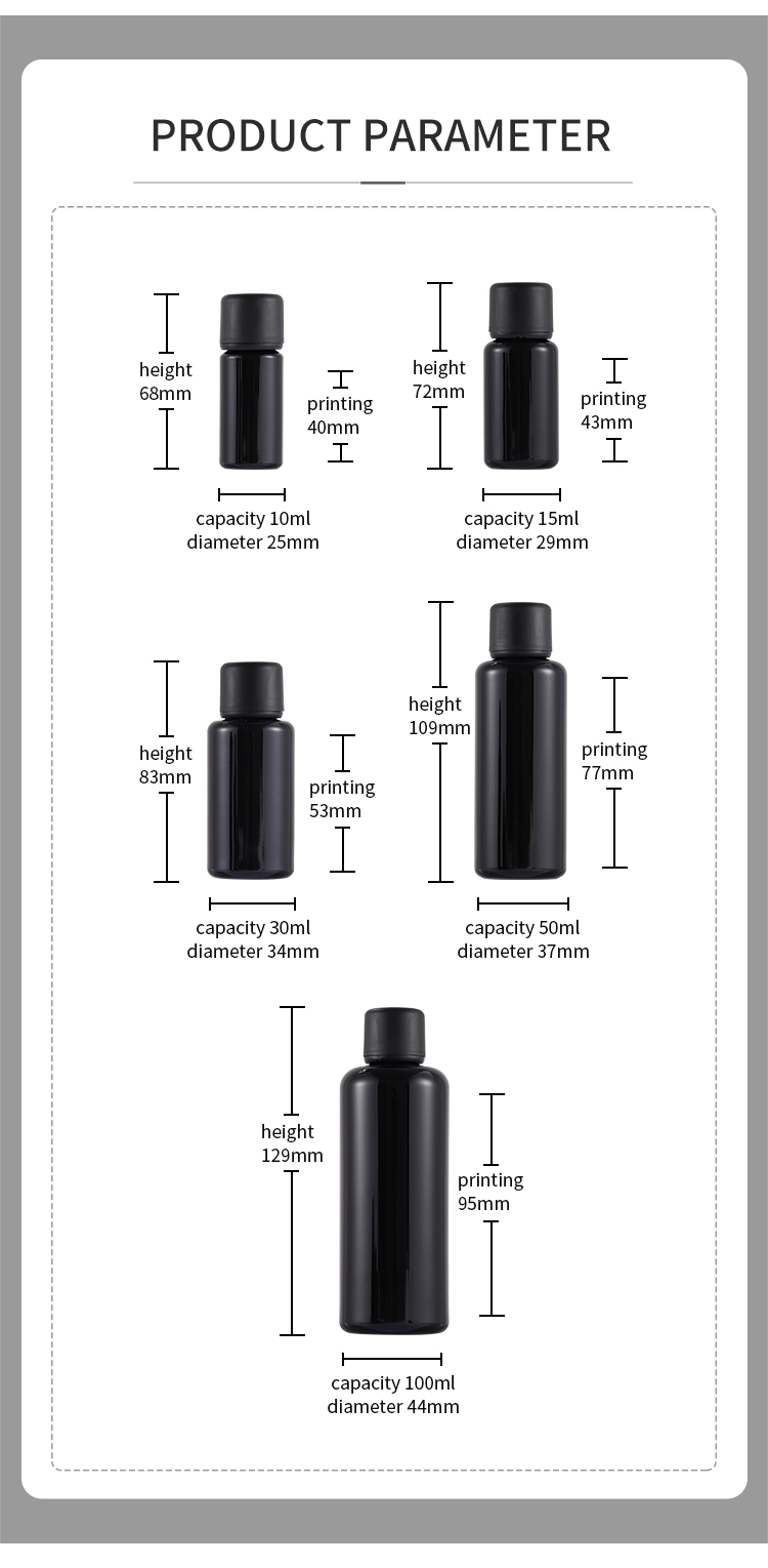 Hot Sale 10ml 15ml 20ml 30ml 50ml 100ml glass black UV protection essential oil bottle spray bottles manufacture