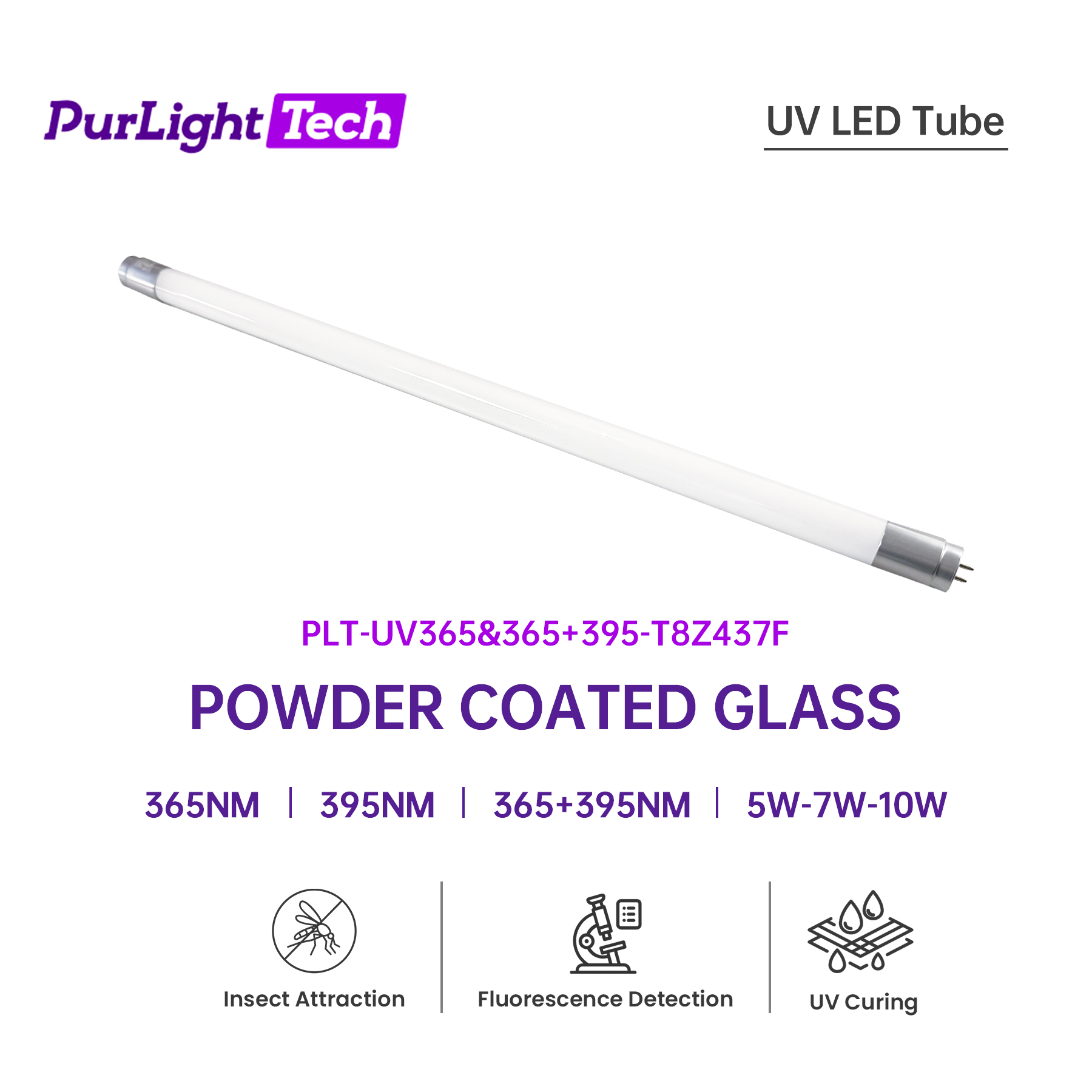 UVA LED Tube T8 365nm 395nm 5 7 10W 437mm Powder-Coated Glass UV Mosquito Insect Fly Killer Lamp Trap