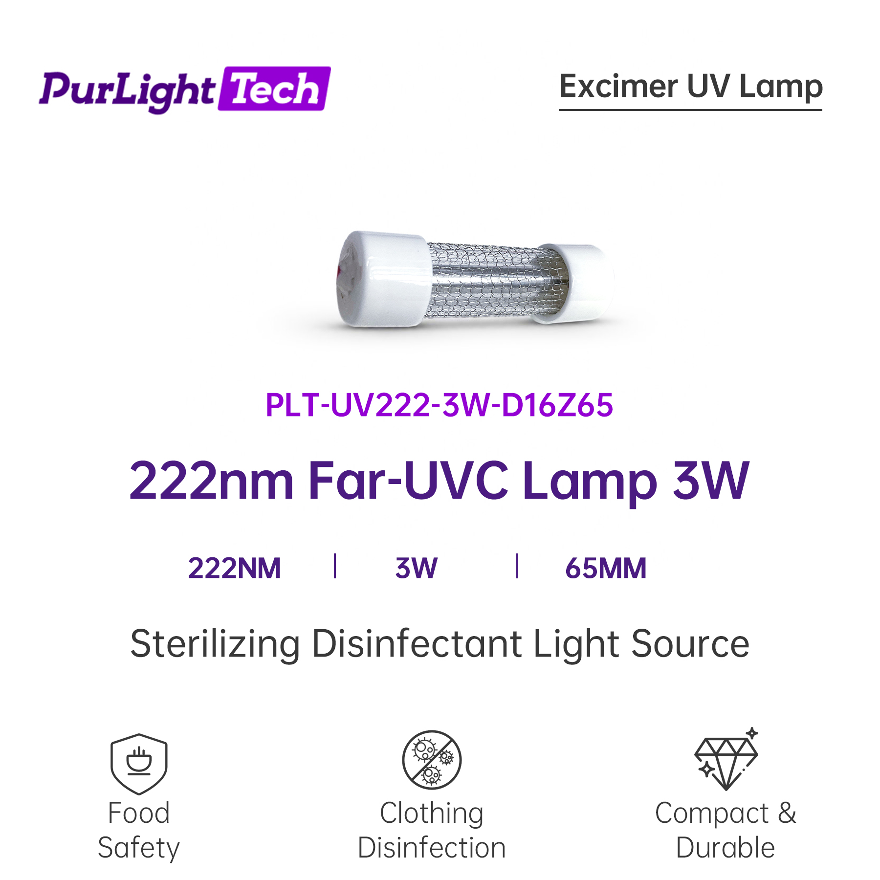 Far UVC 222nm 3W Small Size Quartz UV Light Tube for Food and Clothing Surface Disinfection
