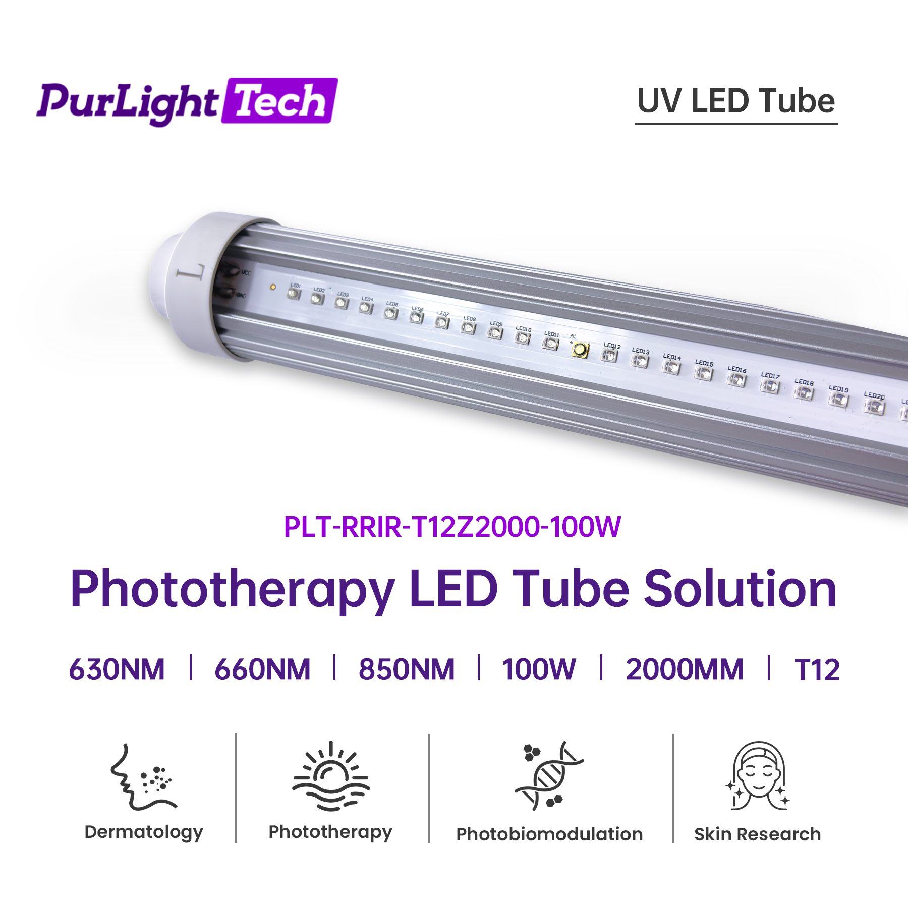 2000mm T8 100W Red LED 630nm UVA 365nm UV LED Tube for Phototherapy