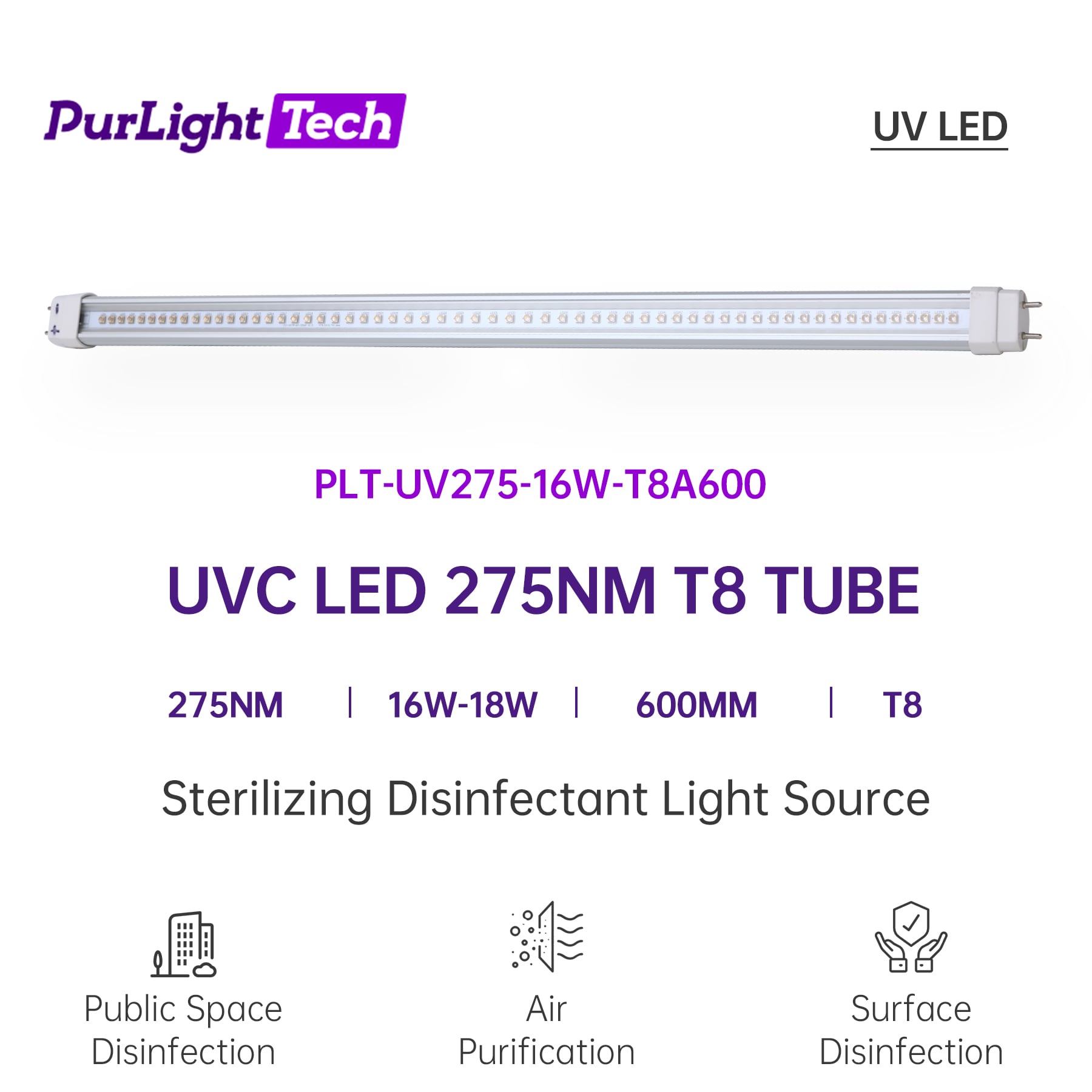 UVC LED 275NM 265NM T8 T5 600mm Aluminum UV LED Tube