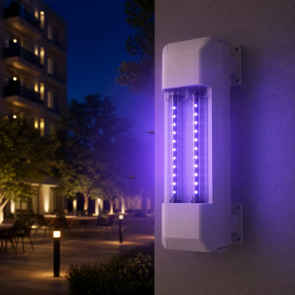A PurlightTech UV LED insect light tube glowing in a commercial outdoor setting, light spreading into the space to attract flying insects.