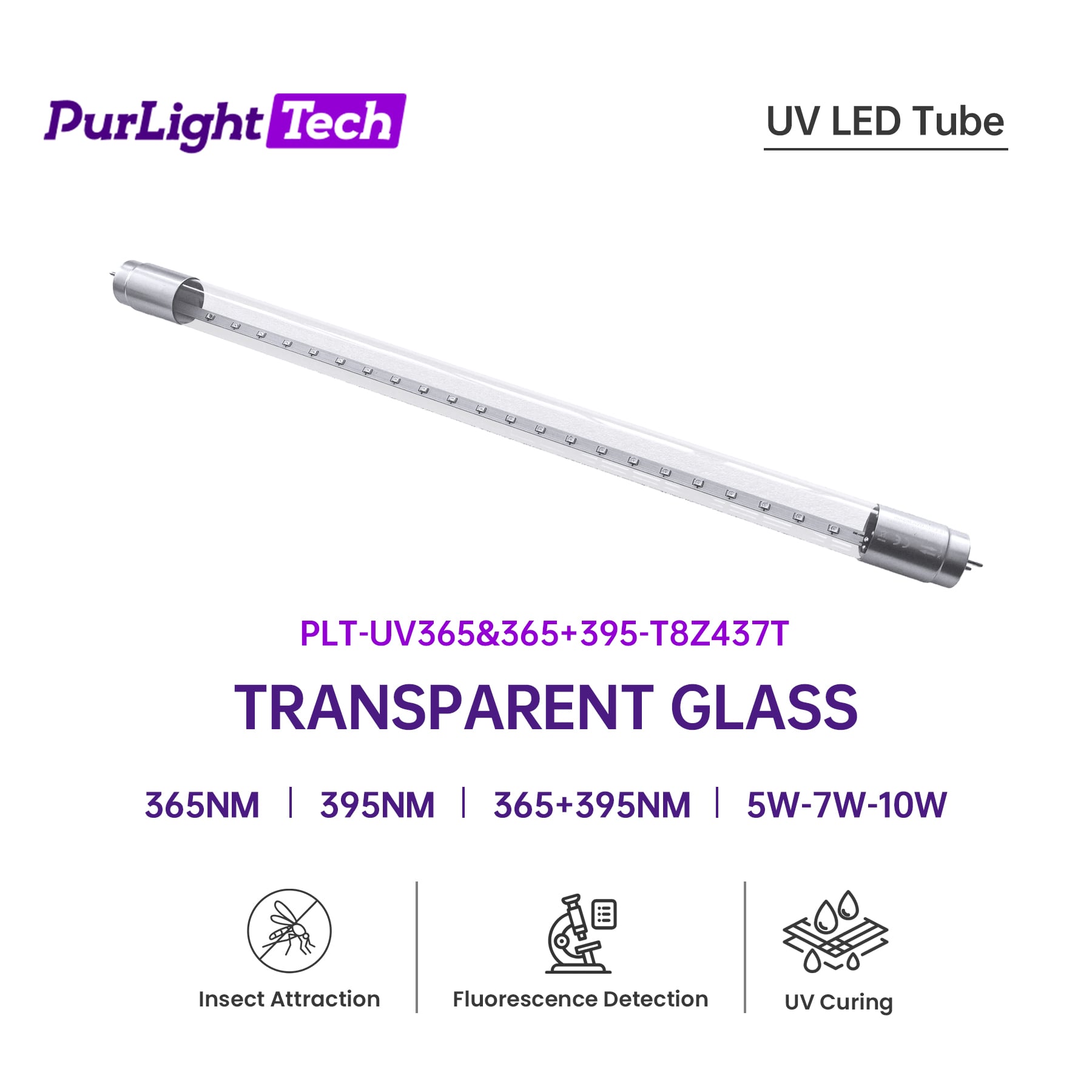 Insect LED Tube T8 UVA 365nm 395nm 5 7 10W 437mm Transparent Glass UV Mosquito Lamp