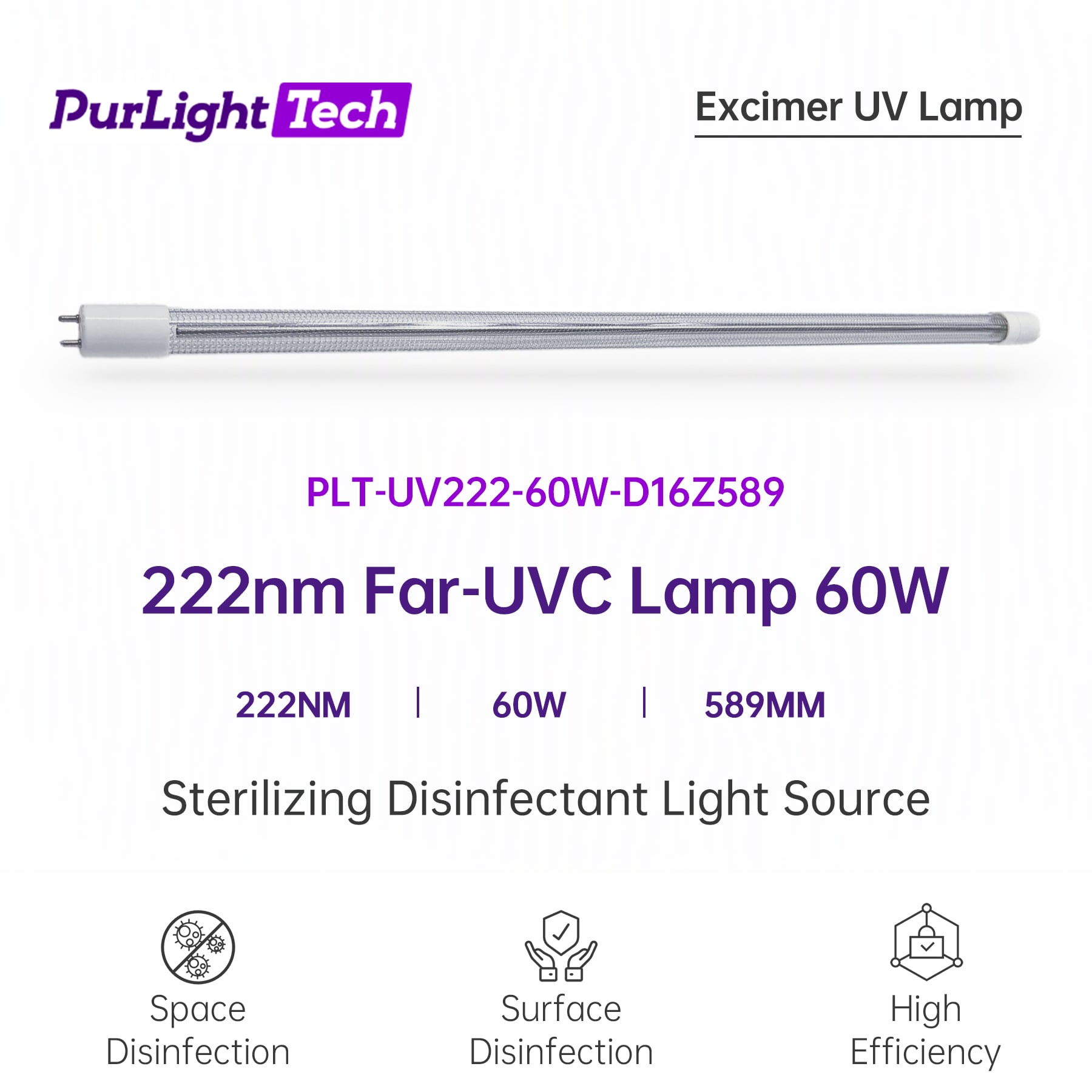 High Power 60W 589mm UVC 222nm Far UV Lamp Disinfection for Space and Surfaces