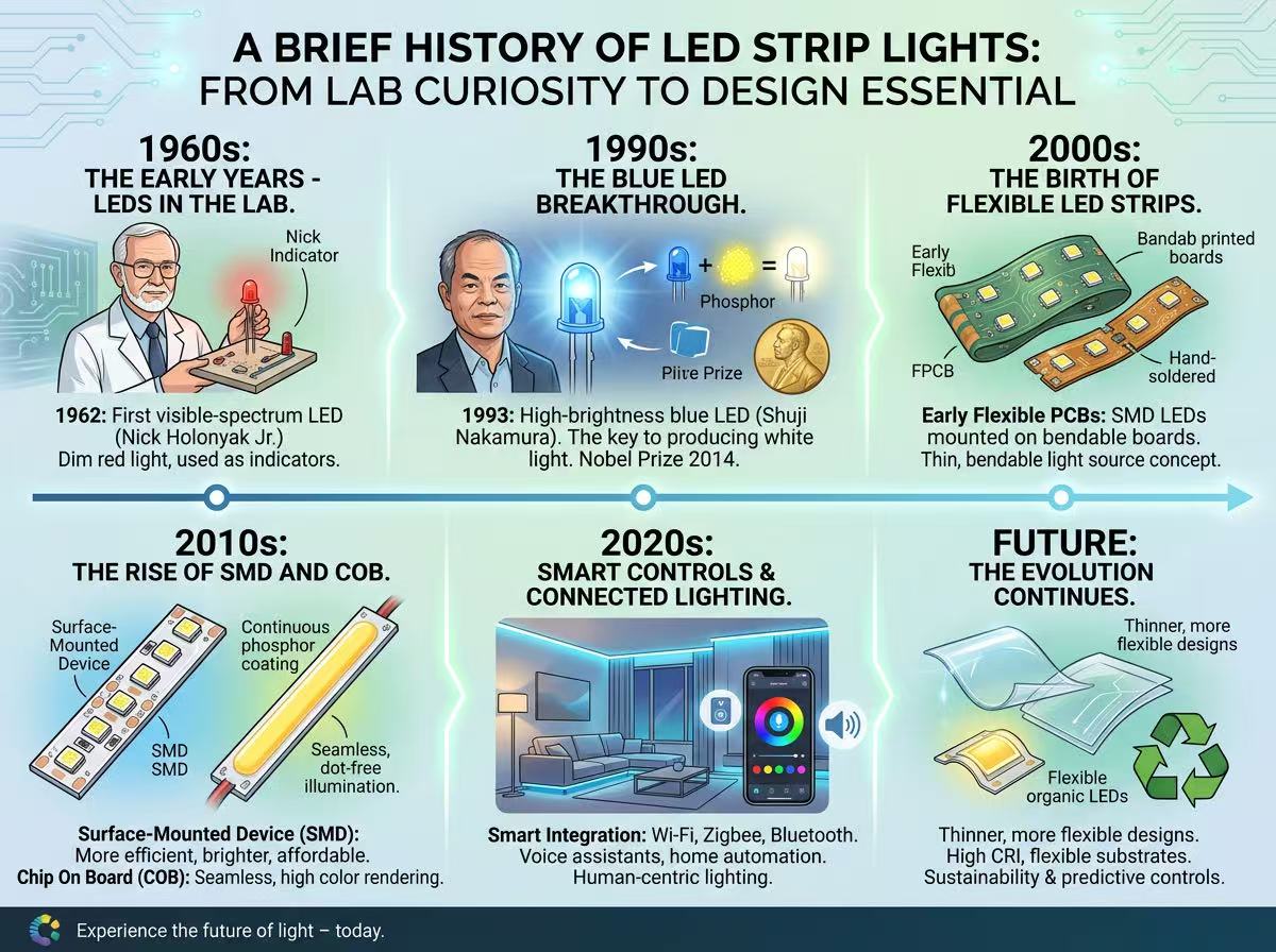 Een korte geschiedenis van LED-stripverlichting: van laboratoriumcuriositeit tot ontwerpelement dat niet meer weg te denken is