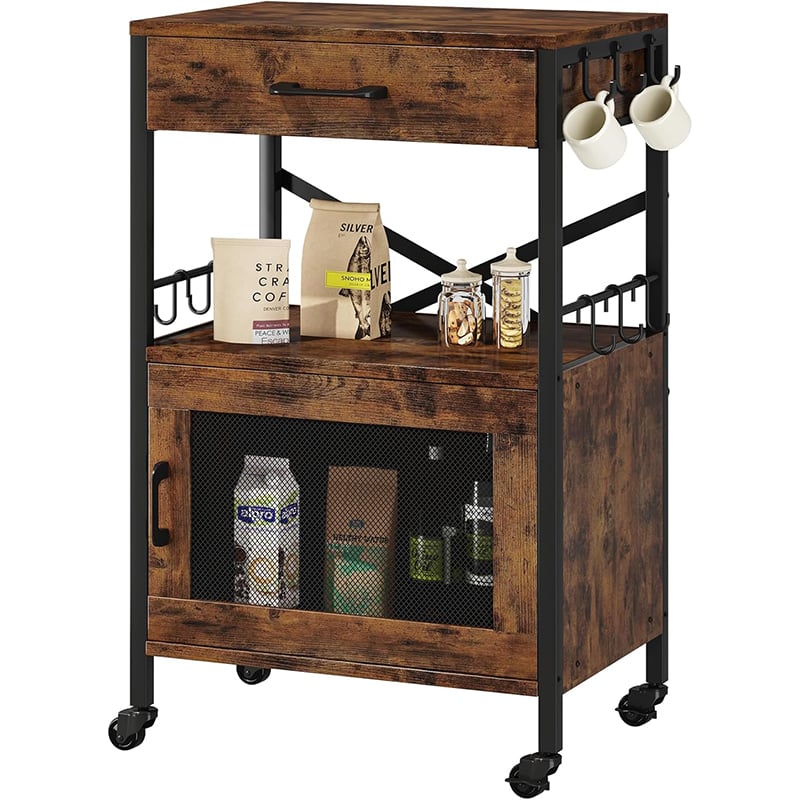 Homeiju Kitchen Island Cart, Kitchen Storage Cart with Drawer, Microwaves Stand, Coffee Cart, Rolling Kitchen Cabinet Cart with Hooks for Kitchen, Dining Room