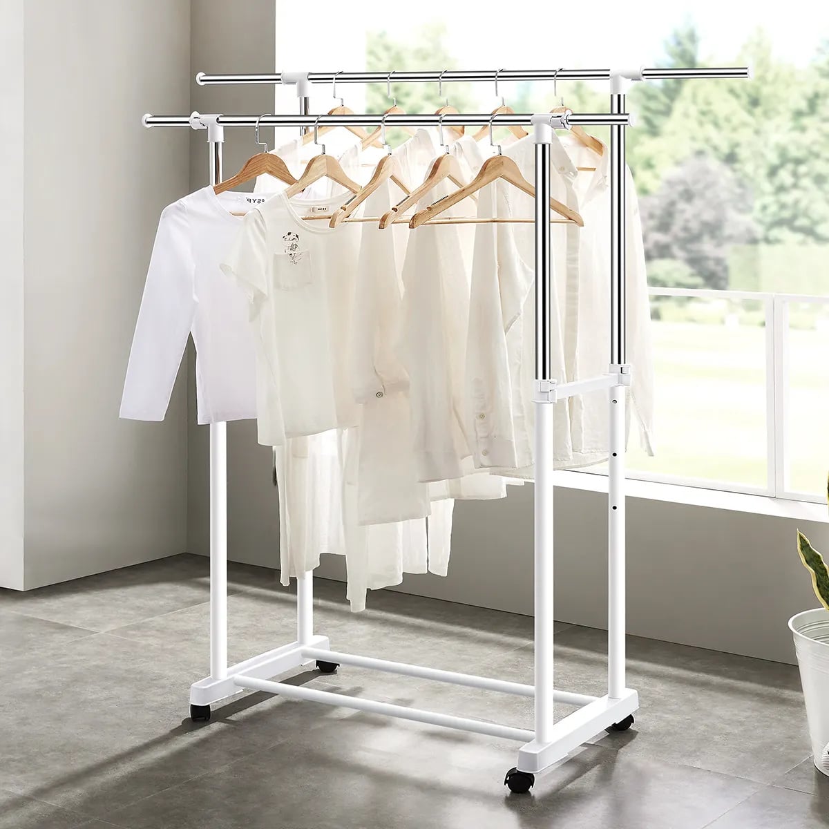 Movable Double Pole Carbon Steel Retractable Shelf Closet Organizer Clothes Drying Rack for Bedroom Floor Balcony Wardrobe