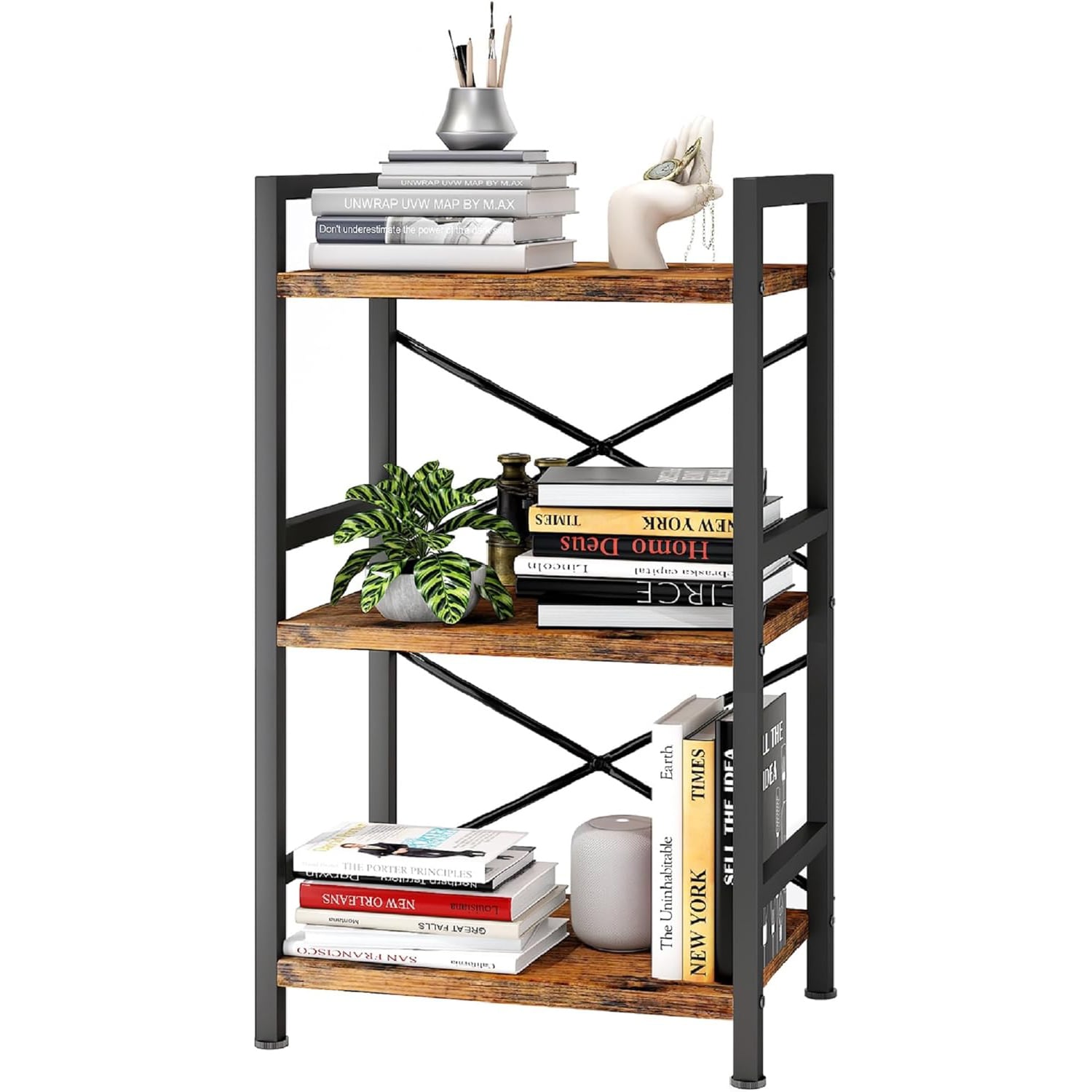 Homeiju Bookshelf, 3 Tier Industrial Bookcase, Metal Small Bookcase, Rustic Etagere Book Shelf Storage Organizer for Living Room, Bedroom, and Home Office(Rustic Brown)