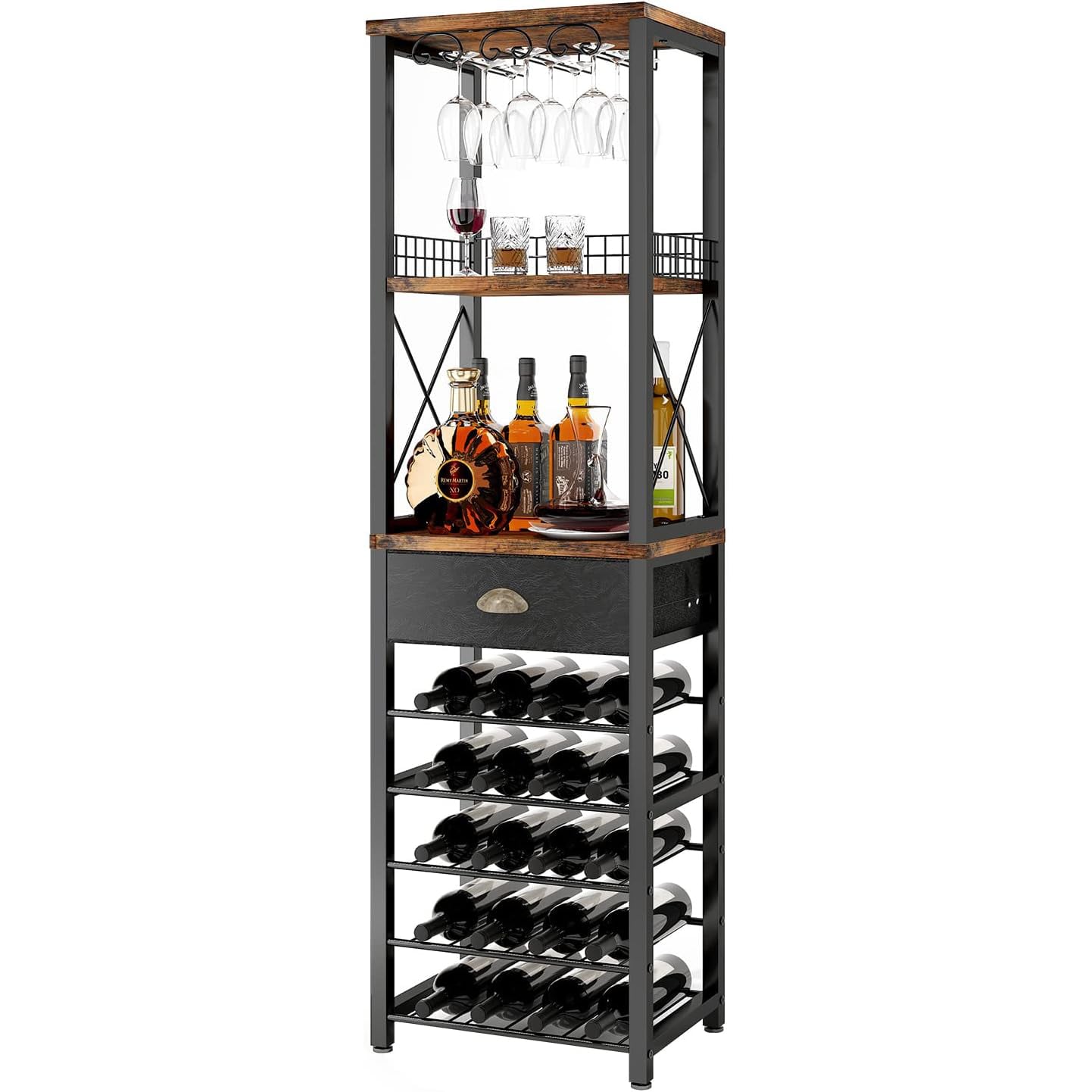 Homeiju Wine Rack Freestanding Floor, Bar Cabinet for Liquor and Glasses, 4-Tier bar Cabinet with Tabletop, Glass Holder, Storage Drawer and Wine Storage for Living Room