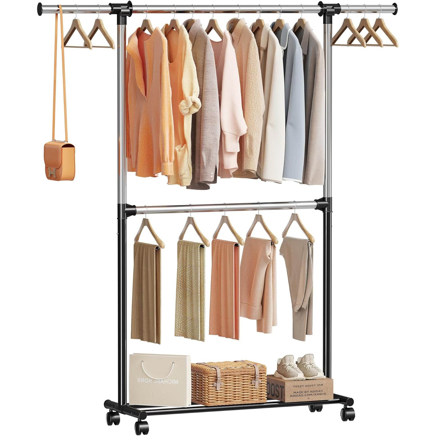 Homeiju Rolling Clothing Garment Rack for Hanging Clothes, Double Rod Rolling Clothes Organizer, Metal Clothes Organizer with Lockable Wheels,Extendable, Black