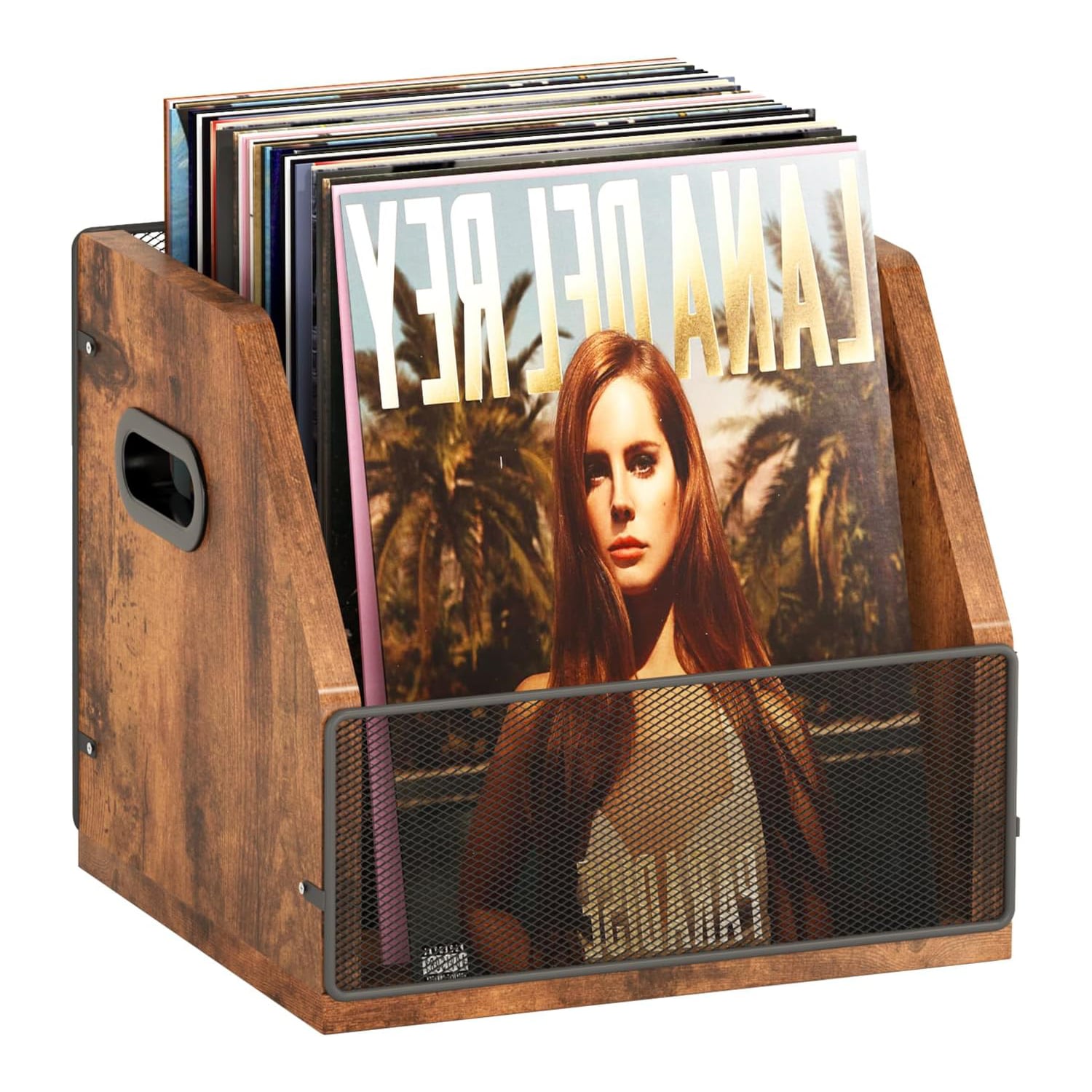 Homeiju Vinyl Record Storage, Record Box Case Crate, Vinyl Record Album Holder, Desktop Metal & Wooden LP Record Crate, Holds up to 60 Records