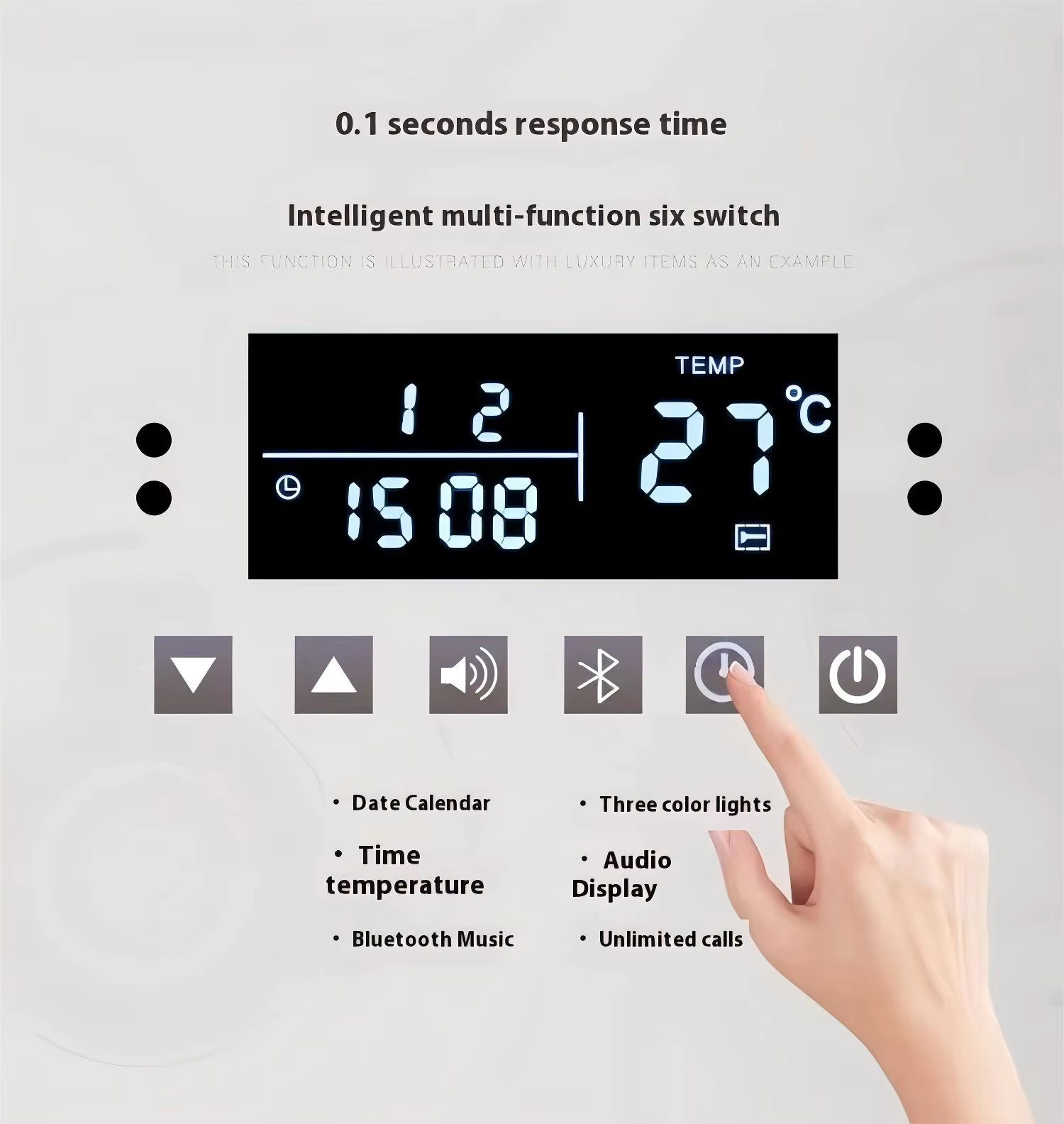 Waterproof vanity mirror with Bluetooth showing display features