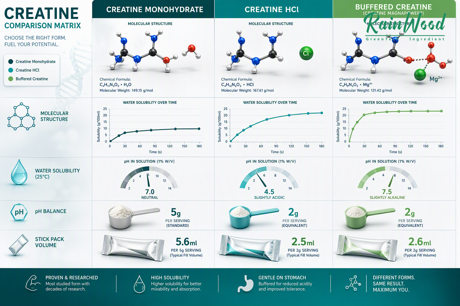 Creatine Monohydrate vs HCl vs Buffered Creatine Comparison Infographic