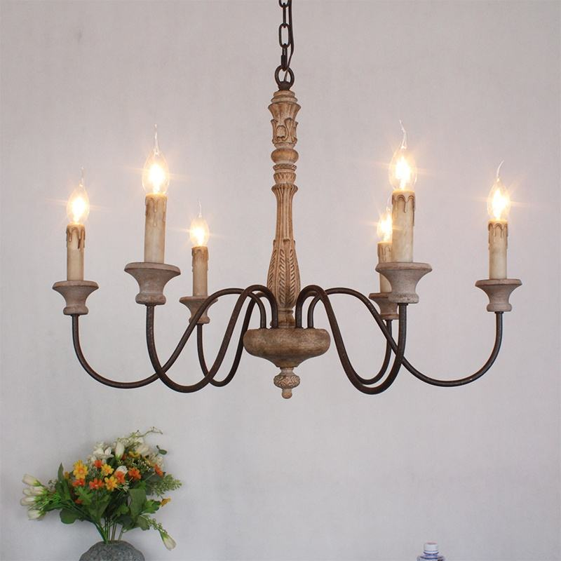 Vintage Candle Style Chandelier - Rustic Wood and Metal Design, Multiple Candle Arms, for Dining Room, Living Room, Farmhouse Decor, E12/E14 Bulb Compatible, Customizable Options