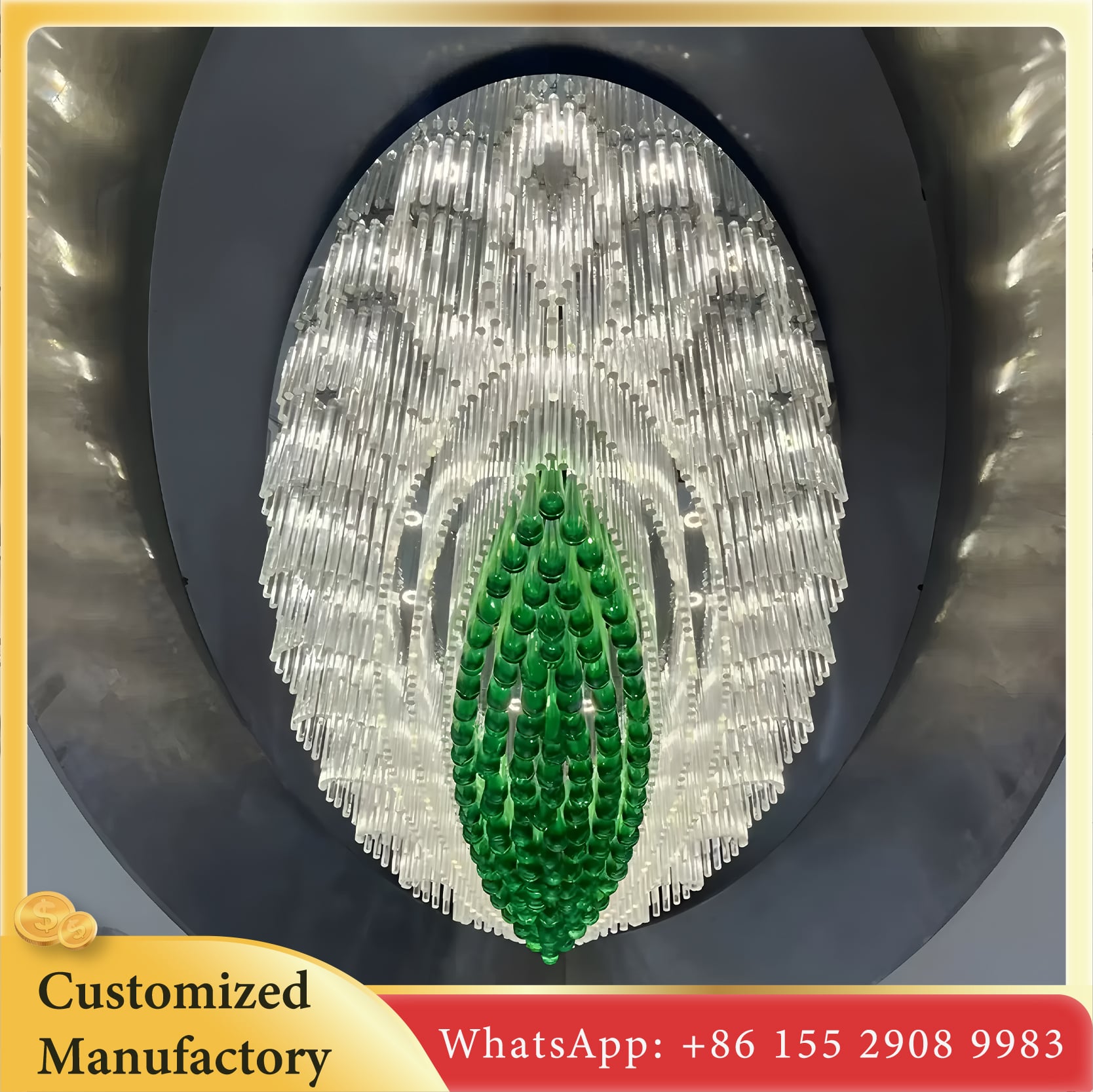 Oval Crystal Glass Tube Chandelier - Artistic Design with Green Crystal Accents, LED Light Source, for Luxury Hotel Lobby, Ballroom, and High-end Residential Lighting