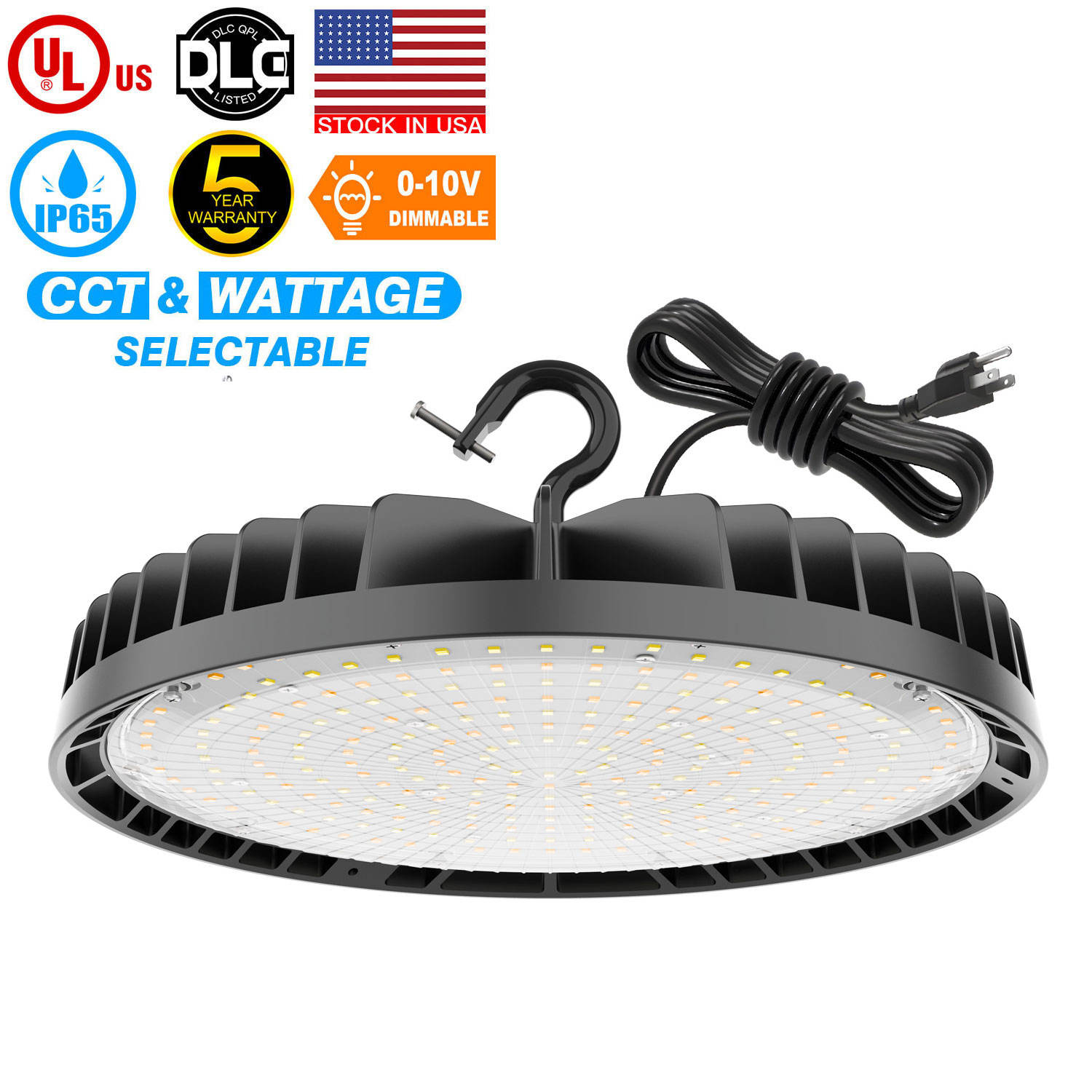 LED High Bay Light - 3 CCT (3000K-5000K) & 3 Wattages Adjustable, 0-10V Dimmable, IP65 Waterproof, DLC & UL Listed, for Warehouse and Industrial Lighting, 5-Year Warranty