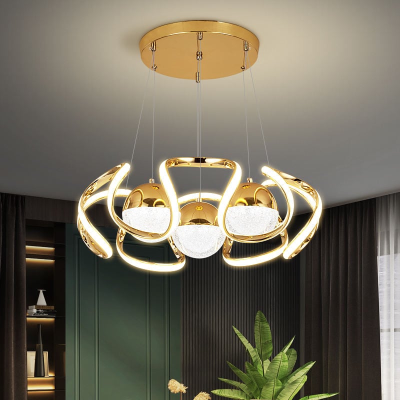 Modern Gold LED Chandelier - 3-Light Design with Crystal Shades, Adjustable Height, for Dining Room, Living Room, and Bedroom, Warm White Light, Aluminum Material
