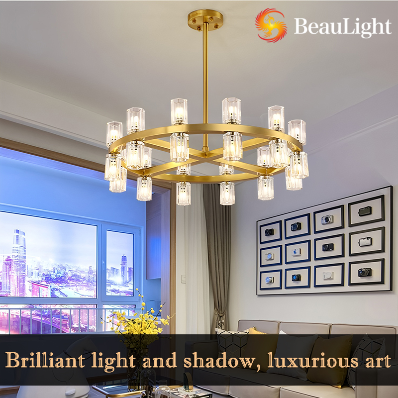 Glass round square and golden chandelier